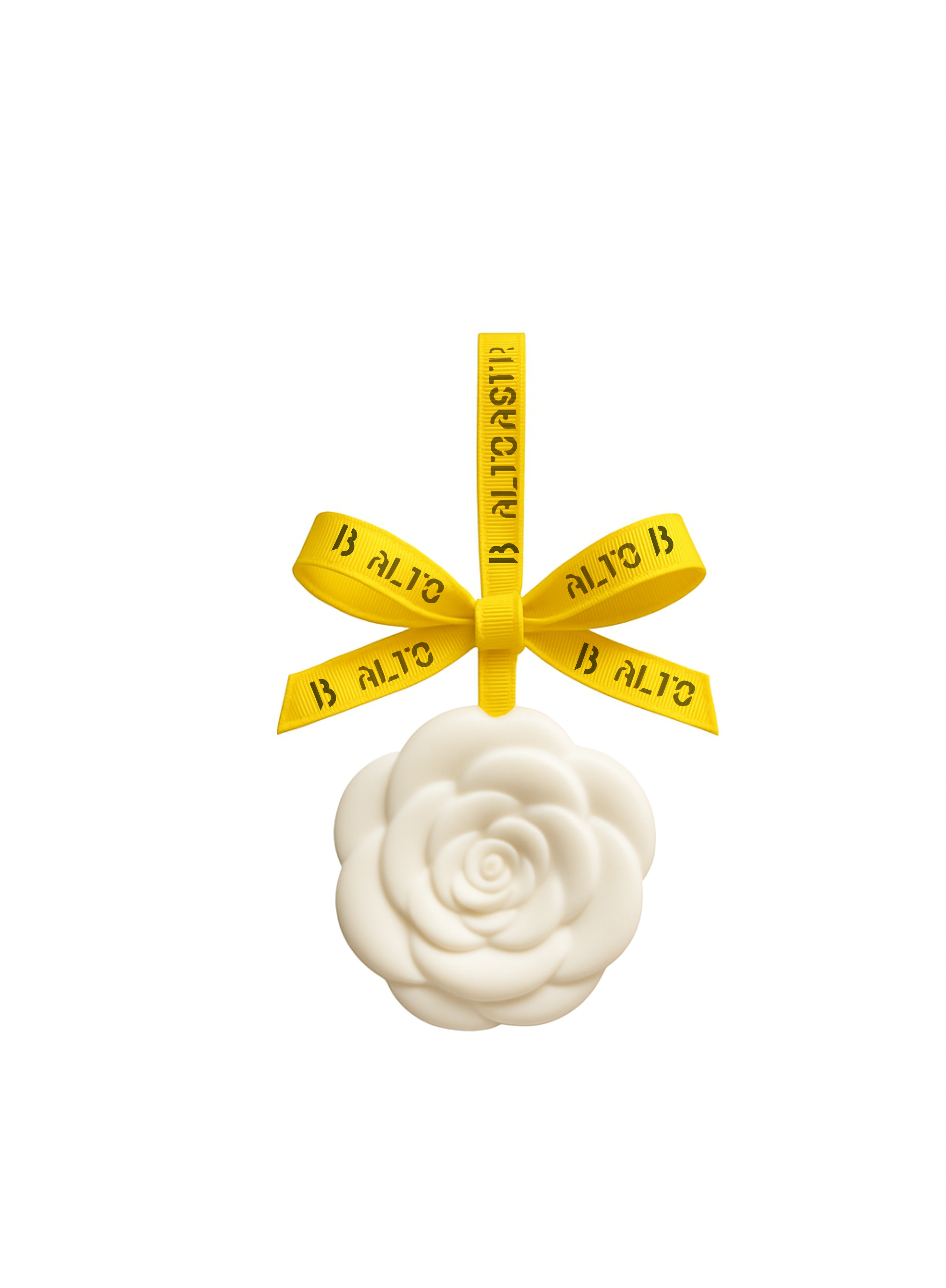 White rose-shaped object with a yellow ribbon on a white background. BYREDO Ceramic Fragrance Accessory with Yellow Ribbon – Unscented Diffuser
