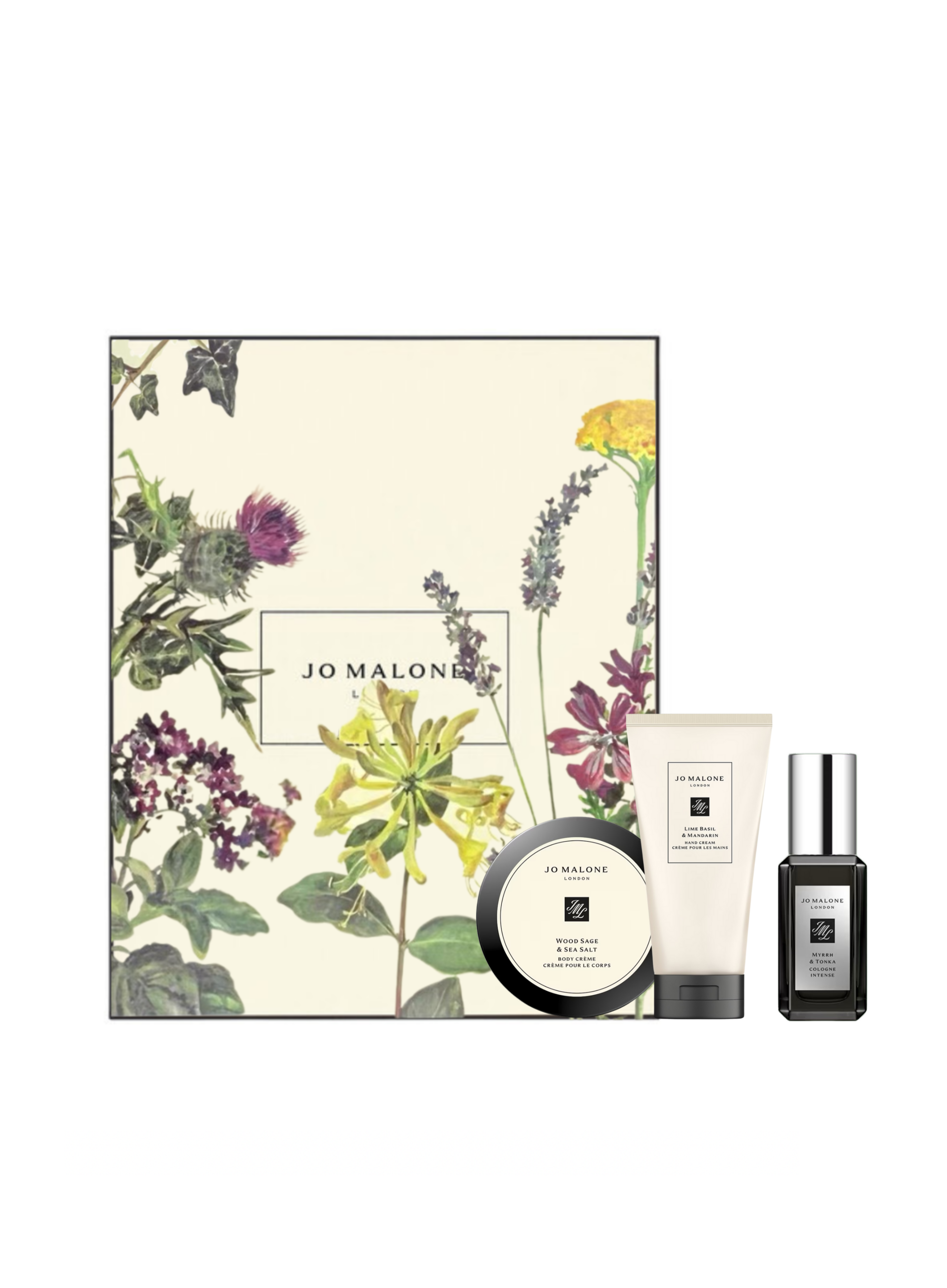 Jo Malone Myrrh & Tonka 9ml  / Lime Basil & Mandarin Hand Wash 30ML / Wood Sage & Sea Salt Body Cream 15ML