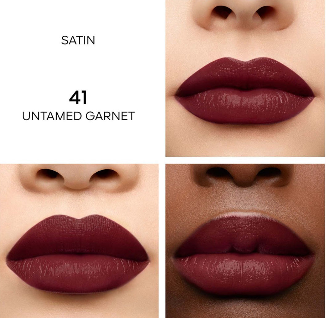 Lipstick shade 41 Untamed Garnet shown on different skin tones with 'Satin' label.