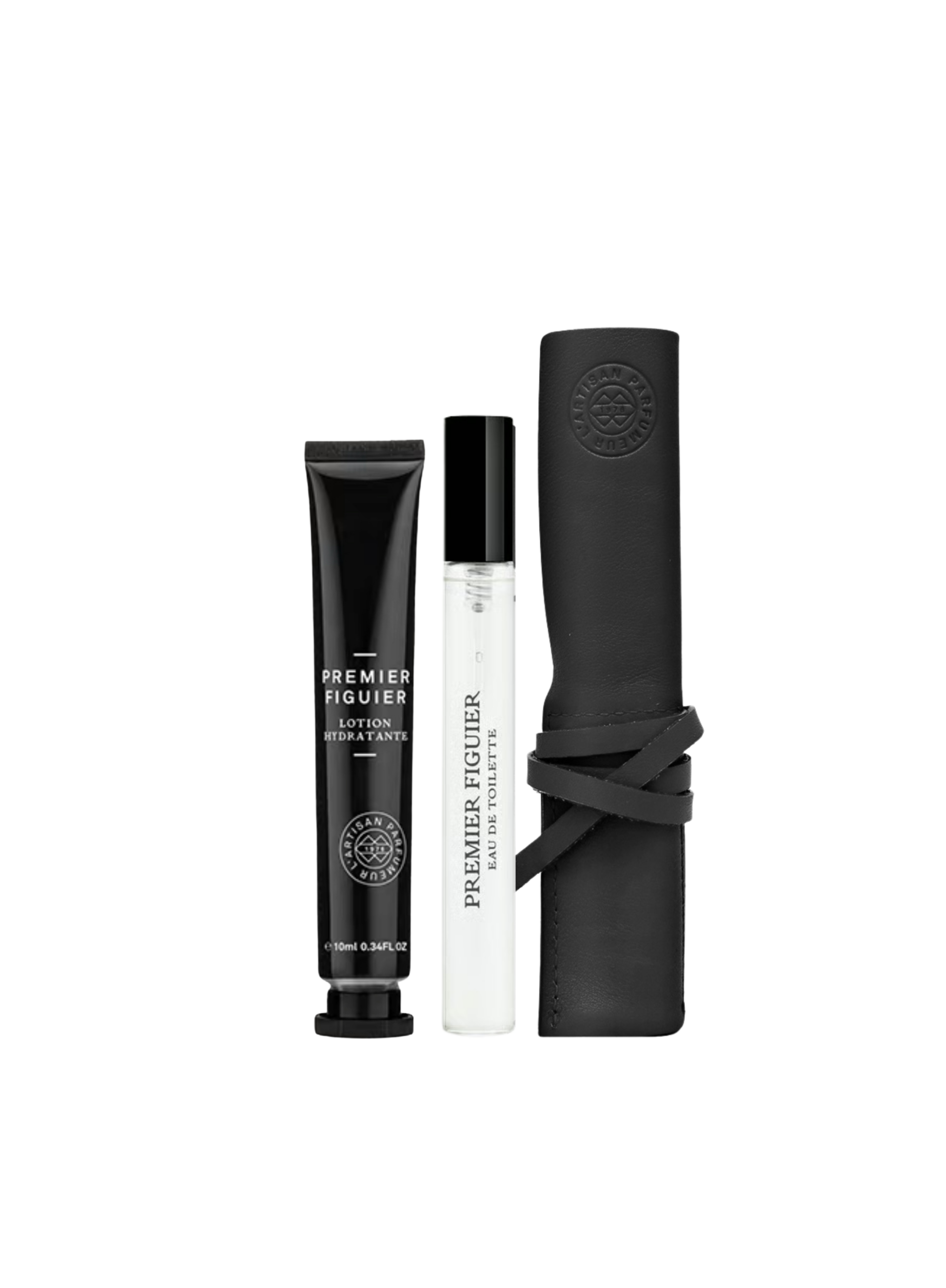 L’Artisan Parfumeur Premier Figuier Eau de Toilette 10ml with Lotion 10ml and Brown Leather Pouch – Luxury fragrance gift set.