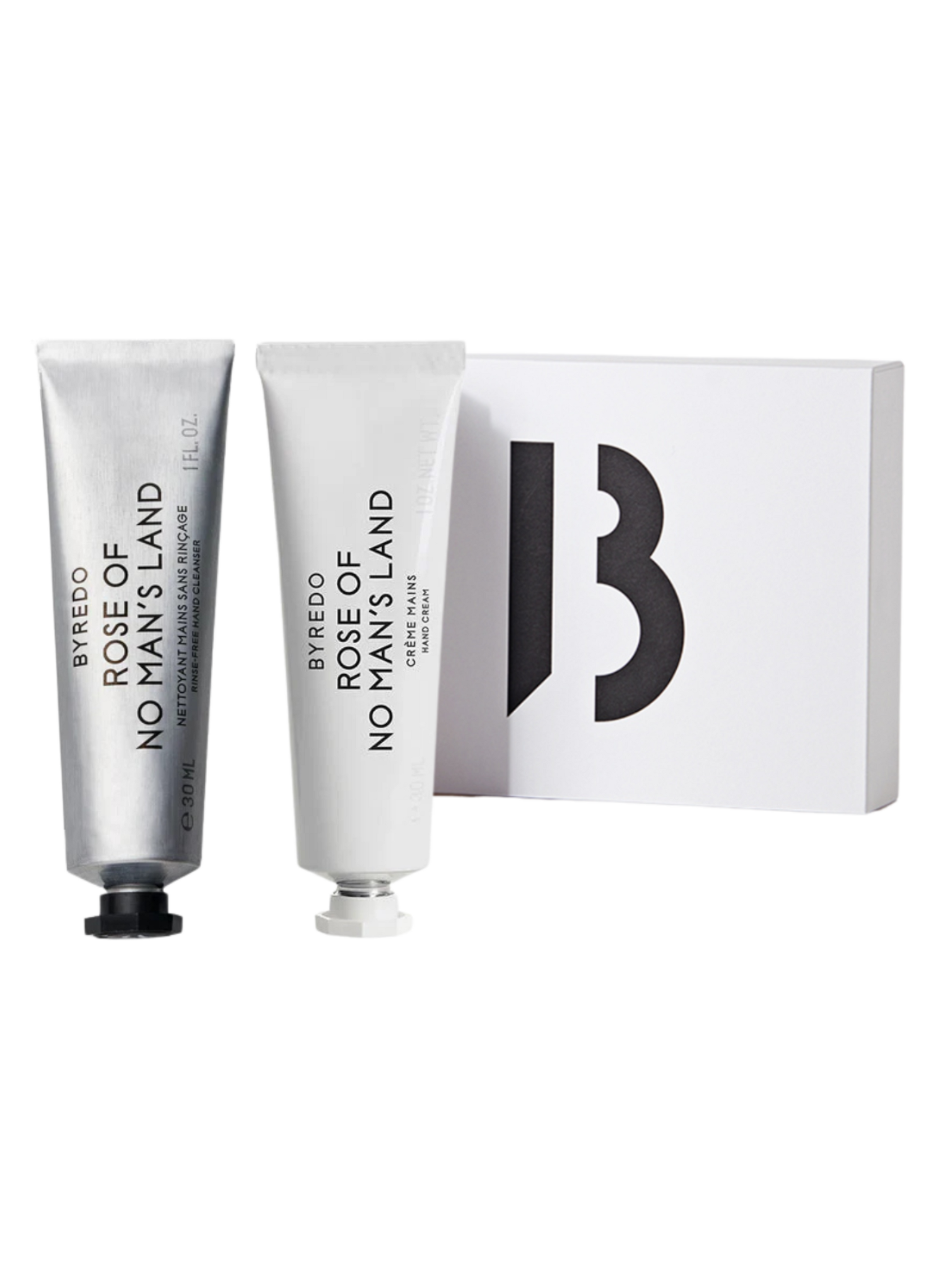 Two Byredo hand cream tubes and a box with 'B' logo on a white background