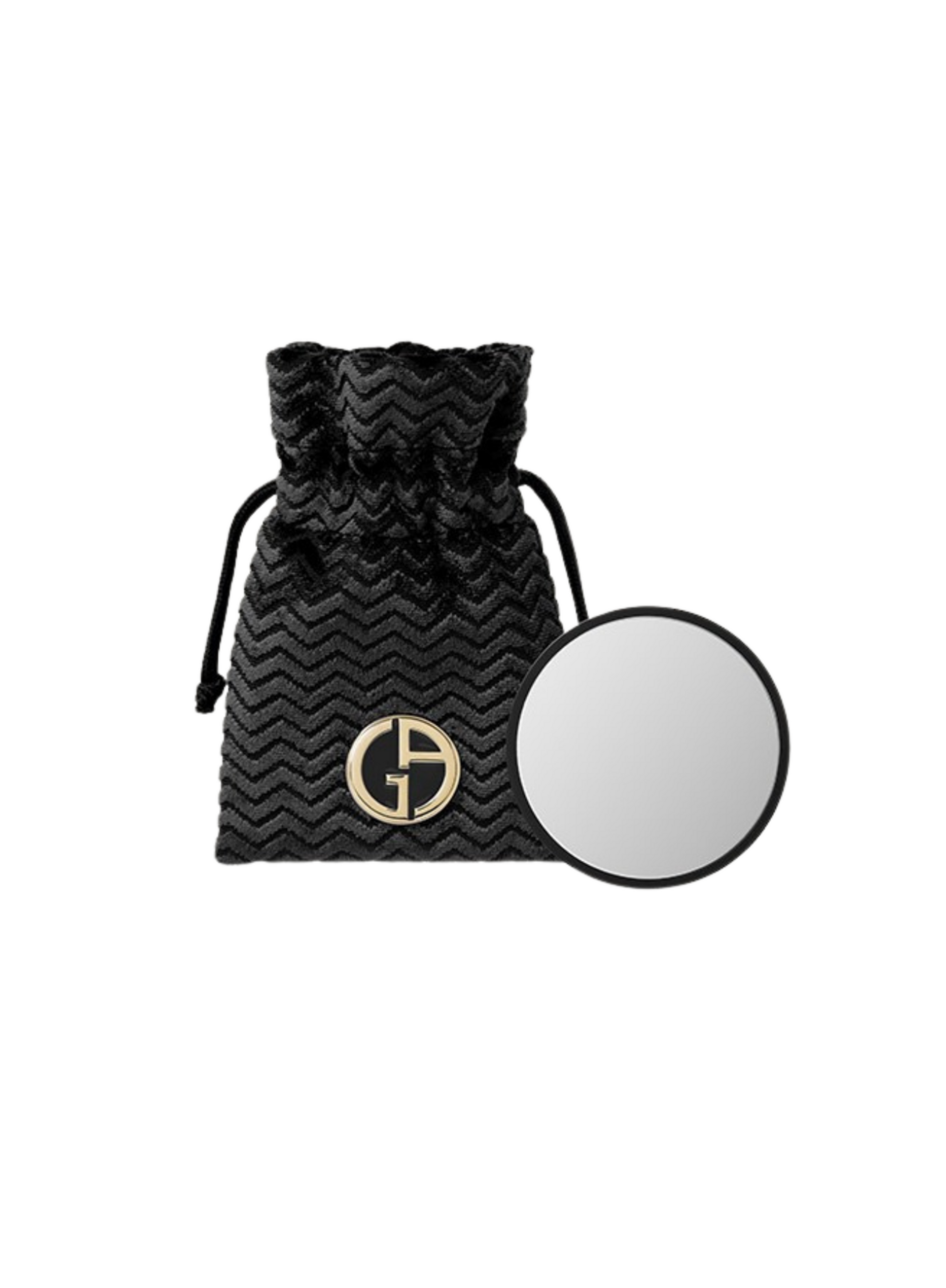 giorgio armani Black textured pouch with a mirror and brand logo on a white background