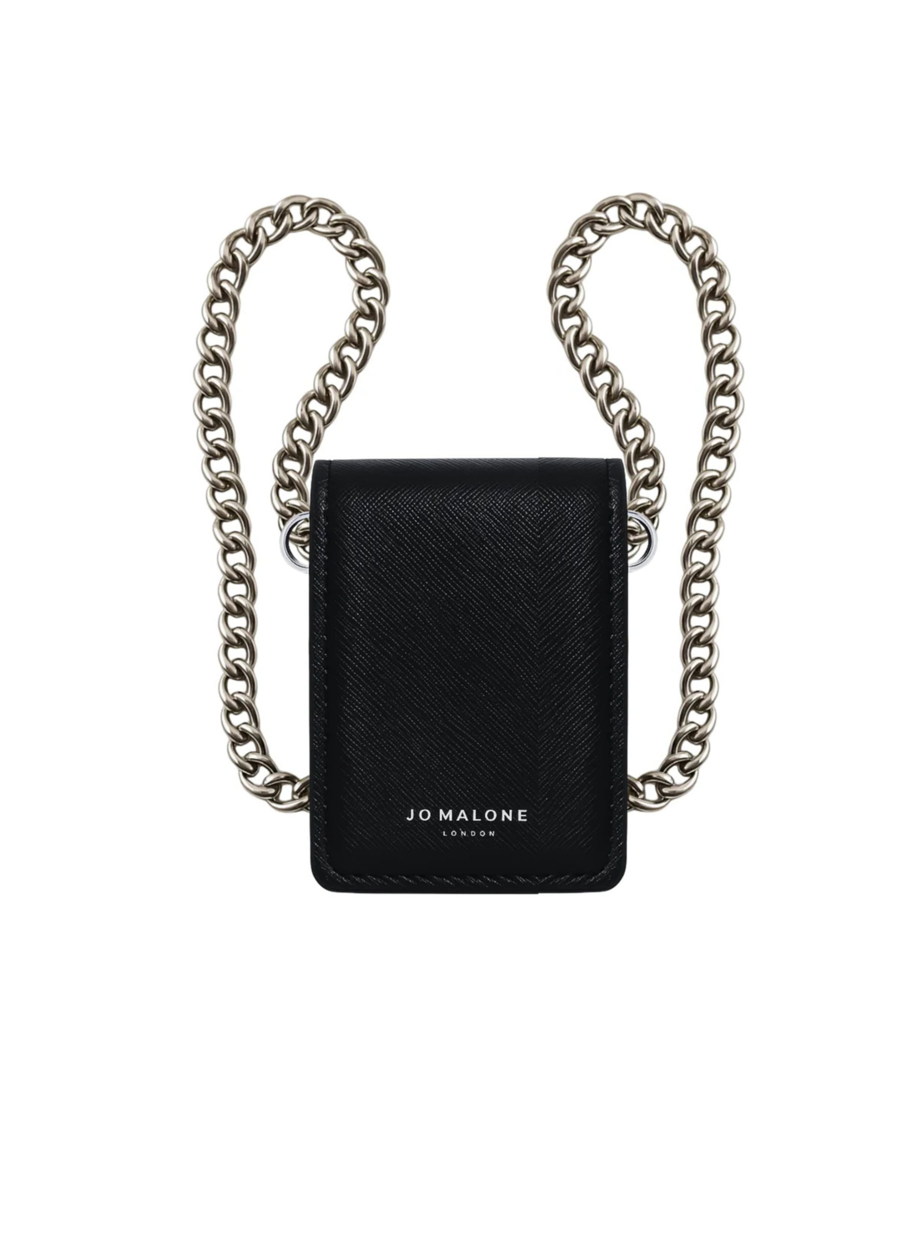 Jo Malone leather effect mini bag for two 9ml perfumes — black luxury accessory on white background.