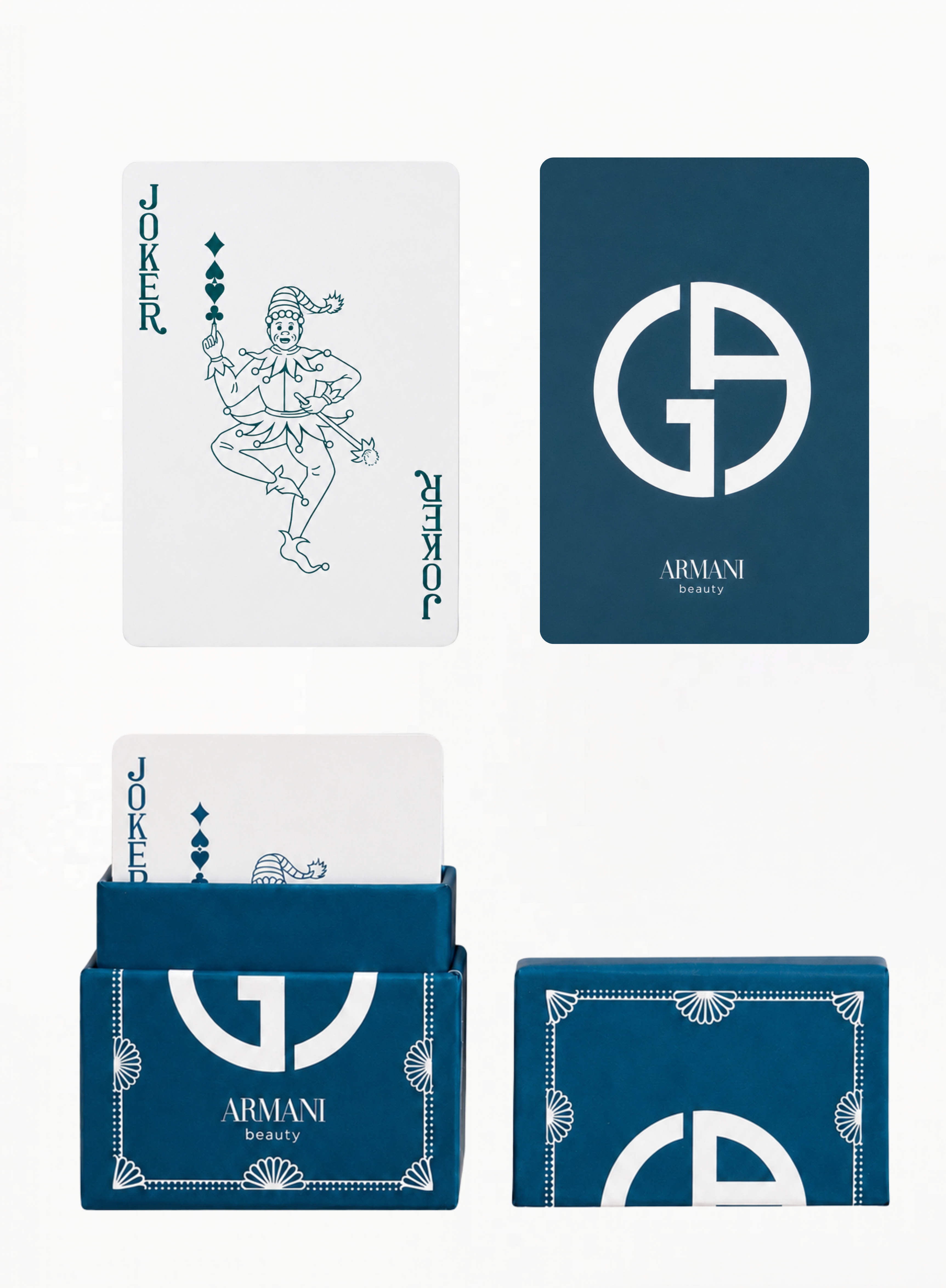 Armani Beauty playing card set featuring the branded card back, Joker card, and blue storage box shown open and closed on a white background.