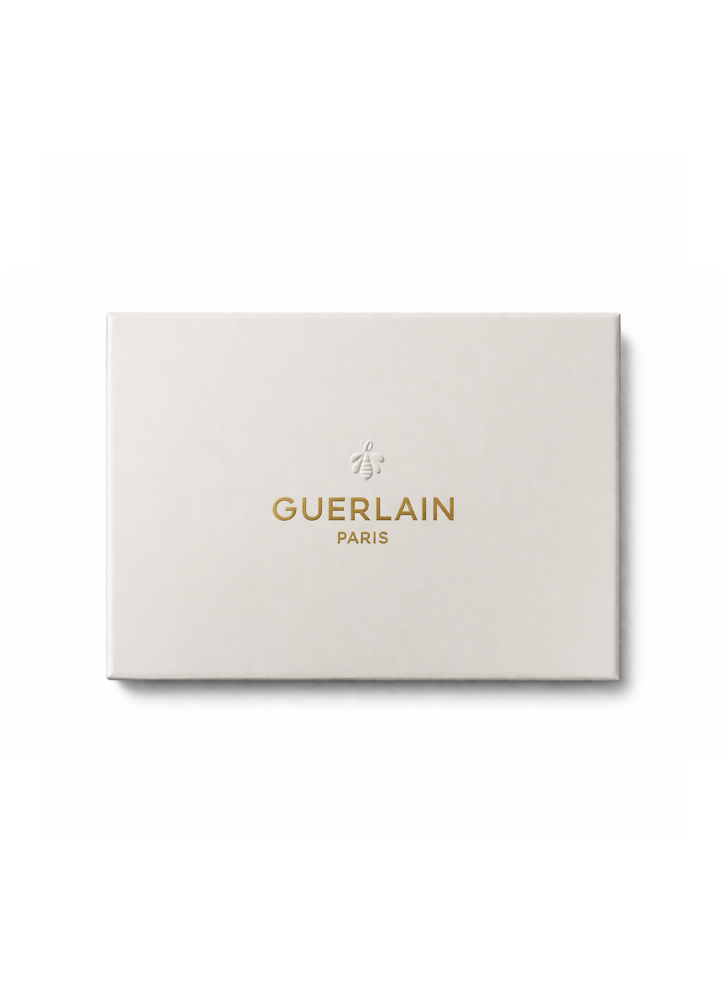 Elegant white textured gift box for the Guerlain Luxury Porcelain Tray, featuring the gold Guerlain Paris logo and signature bee motif centered on the lid
