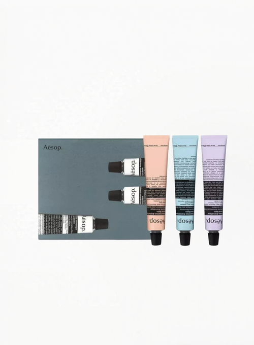 Aesop Hand Balm Trio Helping Hands 30ML set featuring three aromatic hand balms in luxury travel size packaging, available at Exquisite — authentic Aesop skincare and gift sets in Georgia.