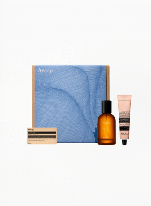 Aesop Rōzu Eau de Parfum 50ML and Resurrection Aromatique Hand Balm Set Trio gift set with luxury packaging, authentic fragrance and hand balm collection available at Exquisite.
