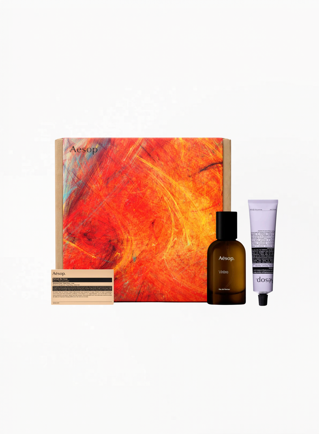 Aesop Virēre Eau de Parfum 50ML and Eleos Aromatique Hand Balm Gift Set Trio with luxury packaging, authentic fragrance and hand care collection available at Exquisite.
