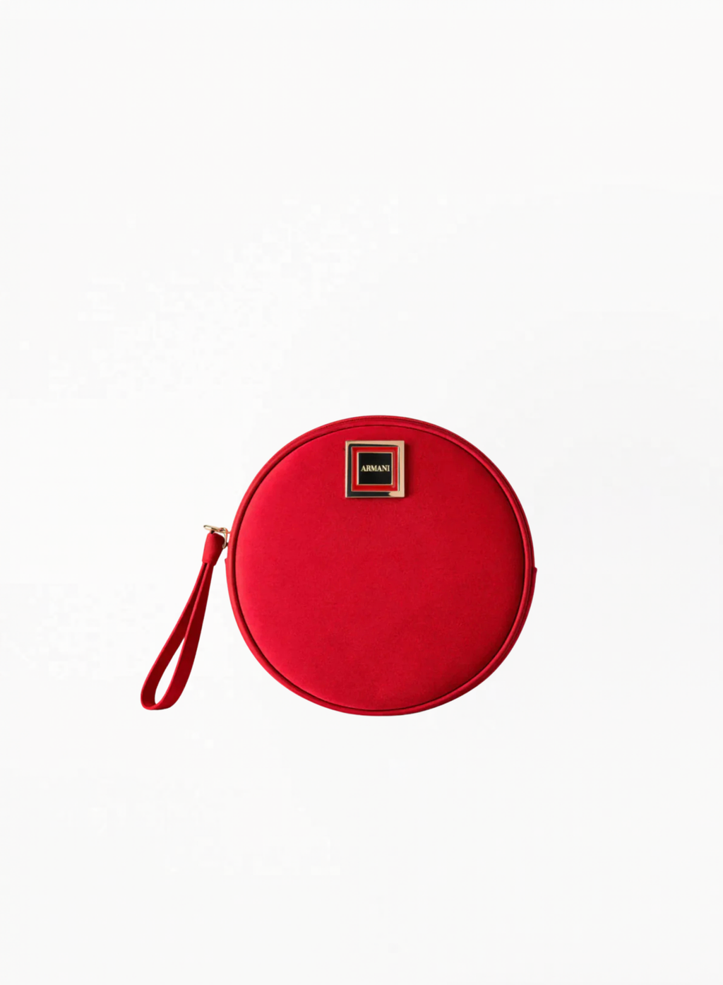 Armani Beauty Red Round Pouch in faux leather with zip closure and handle, luxury cosmetic bag in red, available at Exquisite.