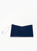 Armani Beauty blue lacquered cosmetic bag in navy faux leather with zip closure and compact rectangular design, photographed on a clean background. Luxury makeup bag accessory available at Exquisite.