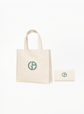 Armani Beige Tote Bag and matching beige pouch in canvas material with dual handles, lightweight design, and single-compartment storage, available at Exquisite.