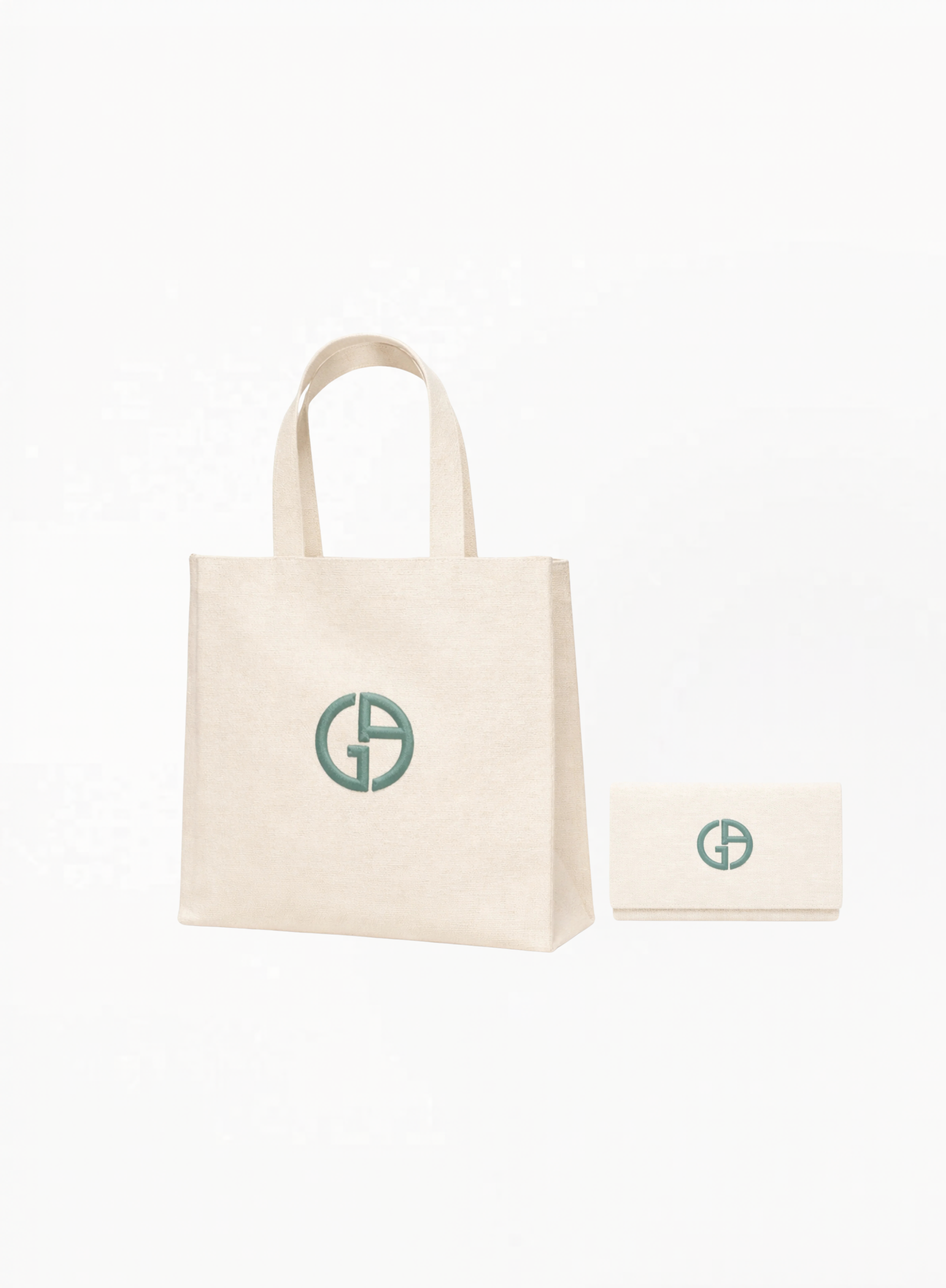 Armani Beige Tote Bag and matching beige pouch in canvas material with dual handles, lightweight design, and single-compartment storage, available at Exquisite.