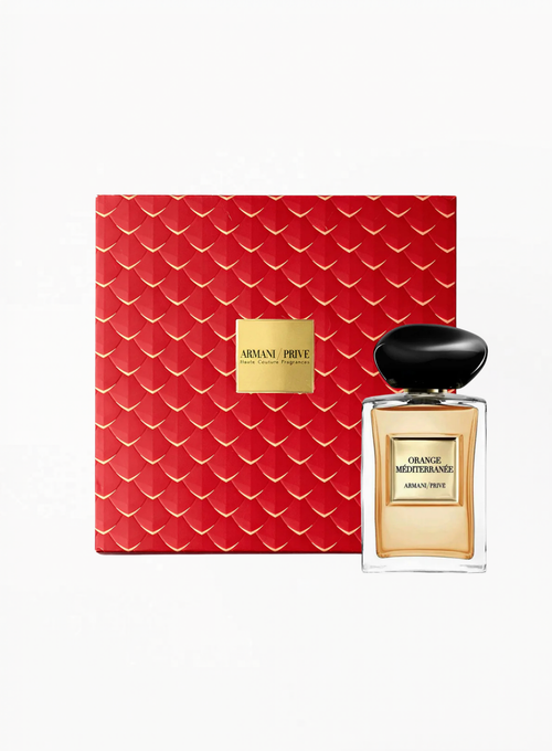 Armani/Privé Orange Méditerranée Eau de Toilette 50ML in an ultra-limited red gift box presentation with matching fragrance bottle, displayed as a luxury collector’s edition set at Exquisite.