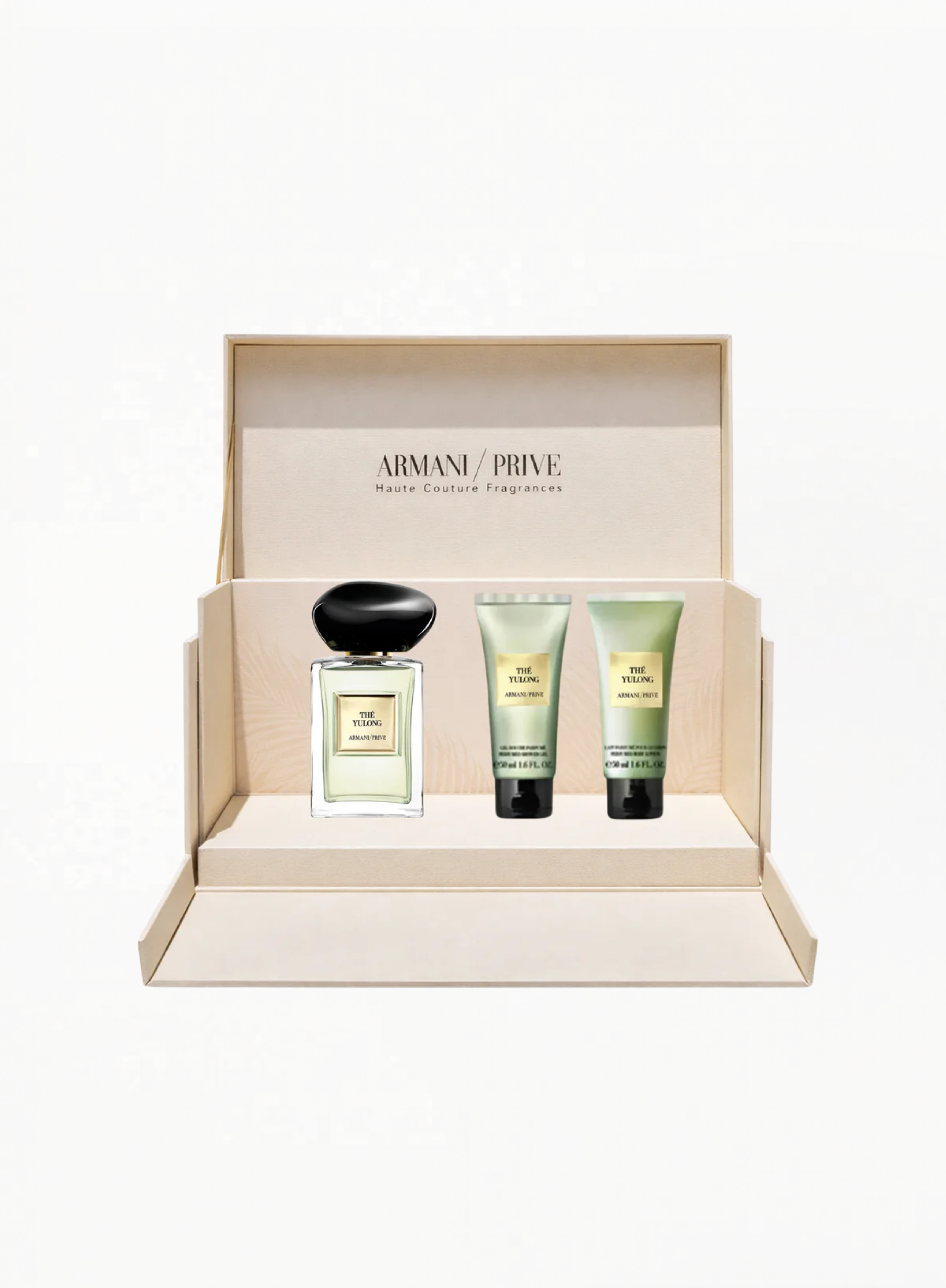 Armani Privé Thé Yulong luxury gift set with fragrance bottle and matching body care tubes in an elegant presentation box, available at Exquisite.
