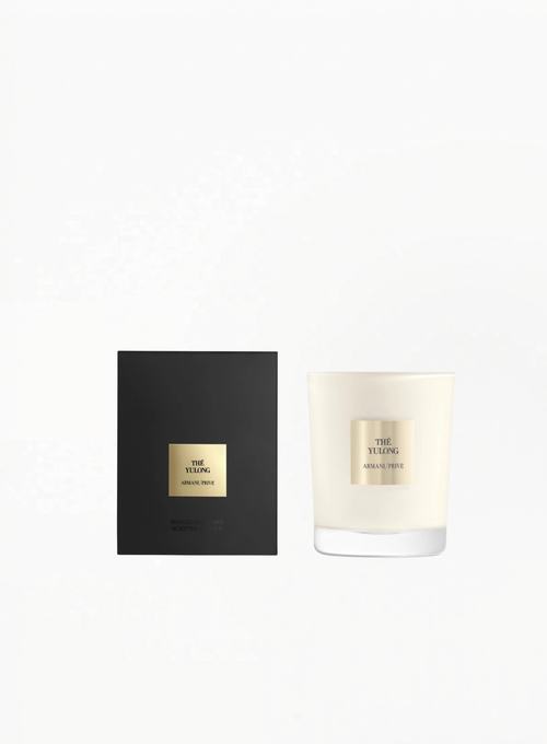 Armani/Privé Thé Yulong scented candle with branded packaging on a clean white background.
