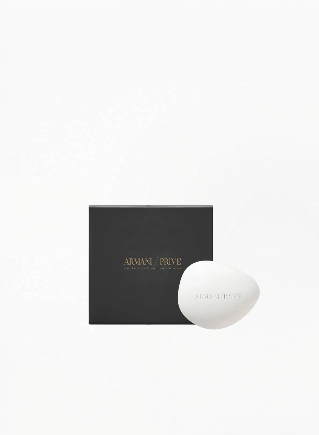Armani/Privé perfumable ceramic soap home fragrance with elegant white ceramic design and luxury packaging, authentic Armani home accessory available at Exquisite.
