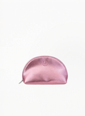 Armani metallic pink cosmetic pouch in faux leather with zip closure, compact luxury makeup bag in shimmering pink finish, available at Exquisite.