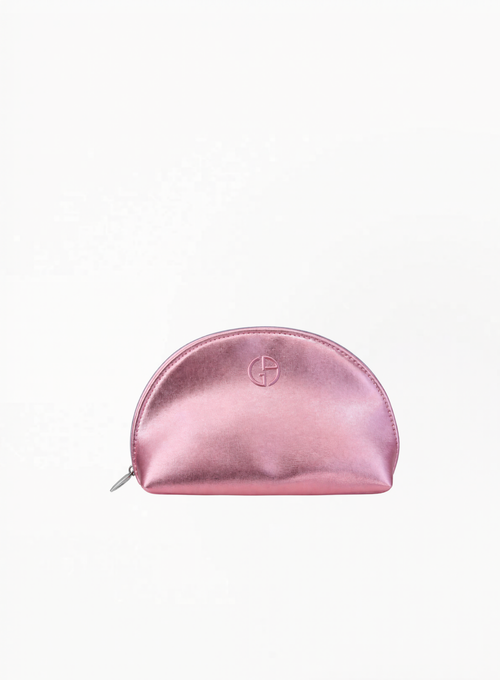 Armani metallic pink cosmetic pouch in faux leather with zip closure, compact luxury makeup bag in shimmering pink finish, available at Exquisite.