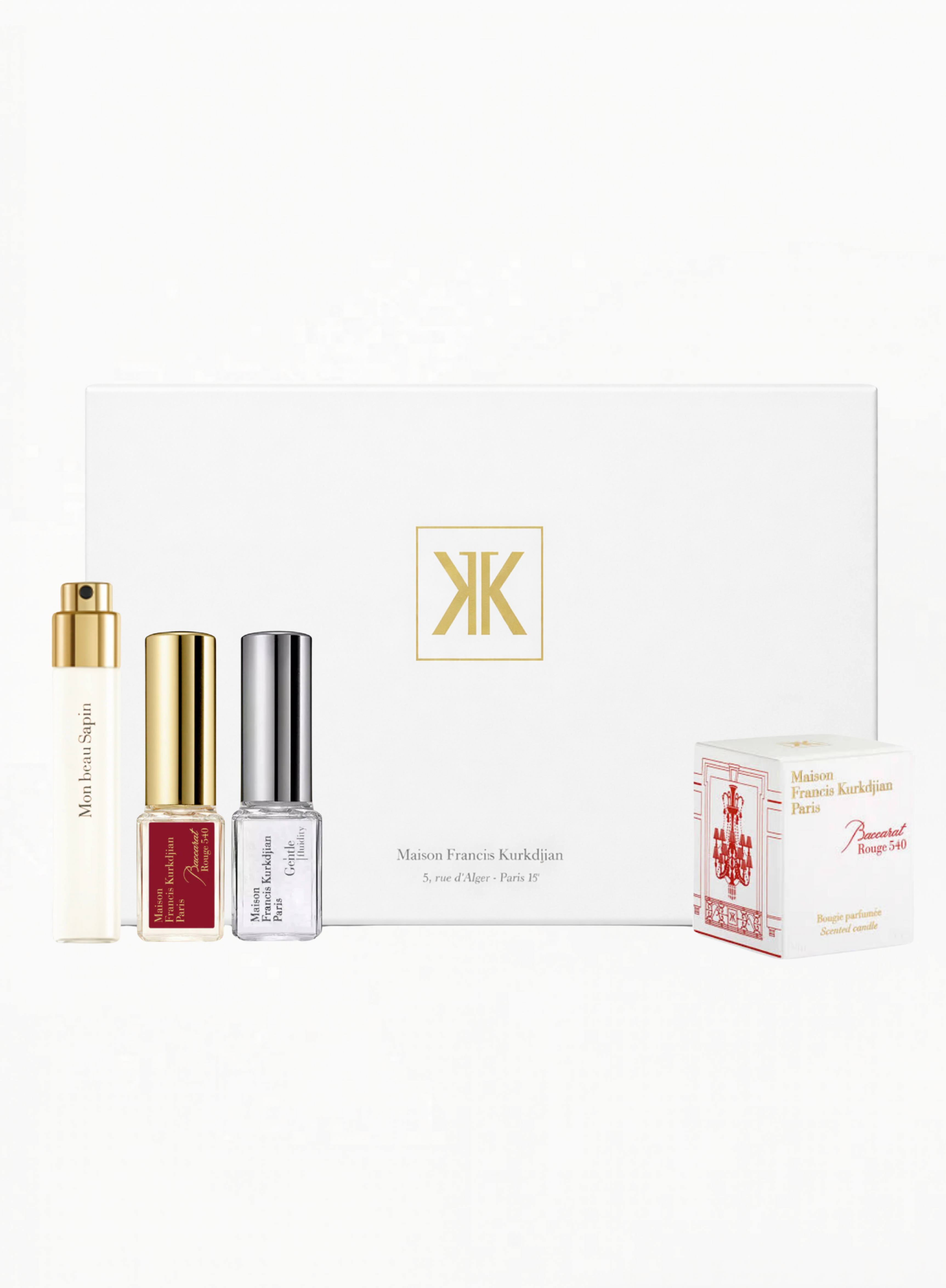 Authentic Maison Francis Kurkdjian Limited Edition Set featuring Mon Beau Sapin Interior Scent Spray 10ML, Baccarat Rouge 540 Scented Candle 30G, Gentle Fluidity Silver EDP 5ML, and Baccarat Rouge 540 5ML — a luxury collectible fragrance discovery set, available at Exquisite.
