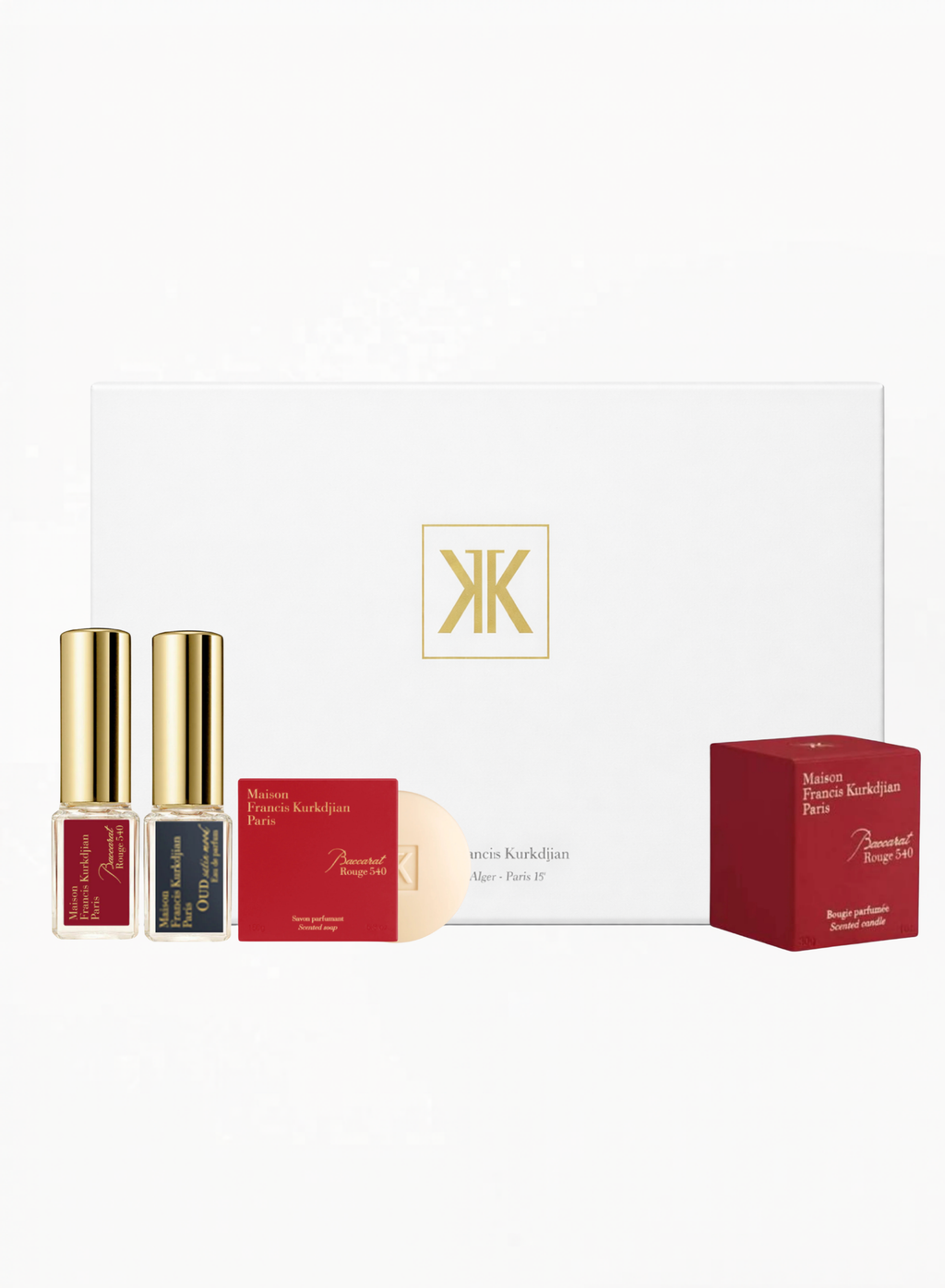 Authentic Maison Francis Kurkdjian Paris Set featuring Baccarat Rouge 540 5ML, OUD Satin Mood 5ML, Baccarat Rouge 540 Scented Soap 50G, and 540 Candle 30G — a luxury fragrance discovery and collectible gift set, available at Exquisite.