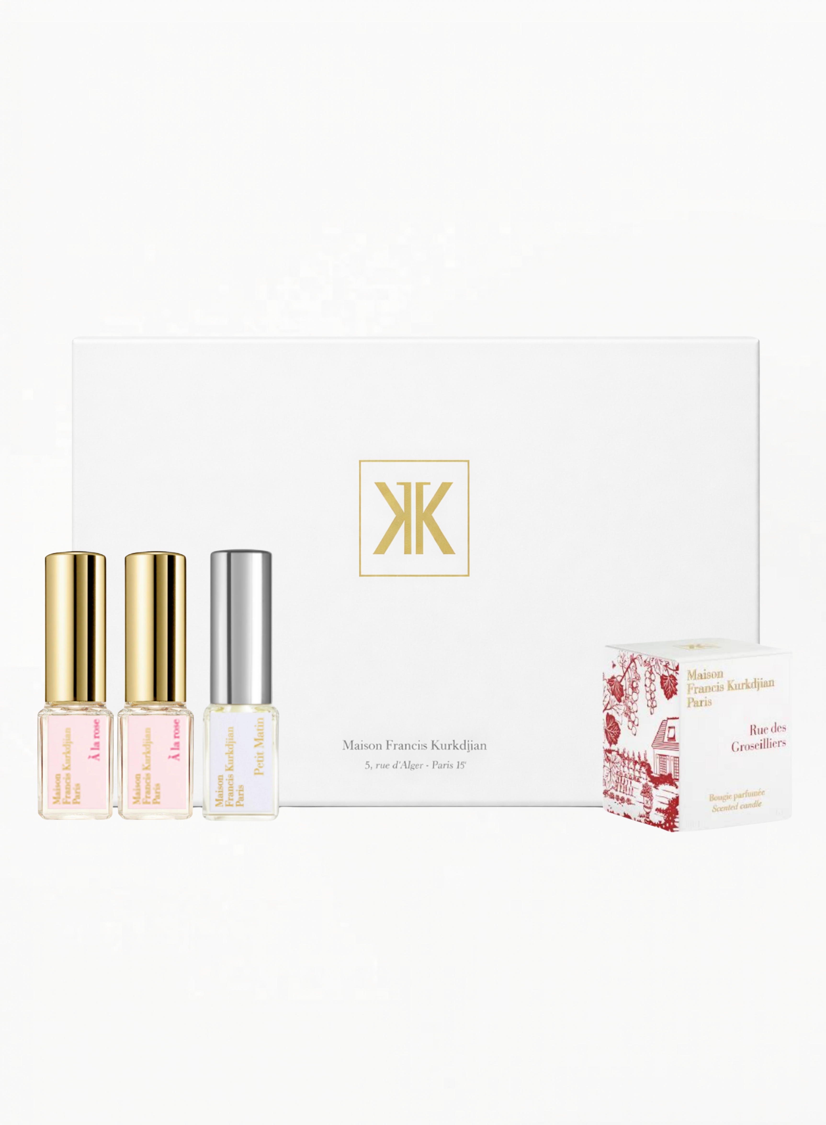 Authentic Maison Francis Kurkdjian Set featuring À La Rose 5ML, Petit Matin Eau de Parfum 5ML, and Rue des Groseillers Scented Candle 30G — a luxury fragrance discovery and collectible gift set, available at Exquisite.
