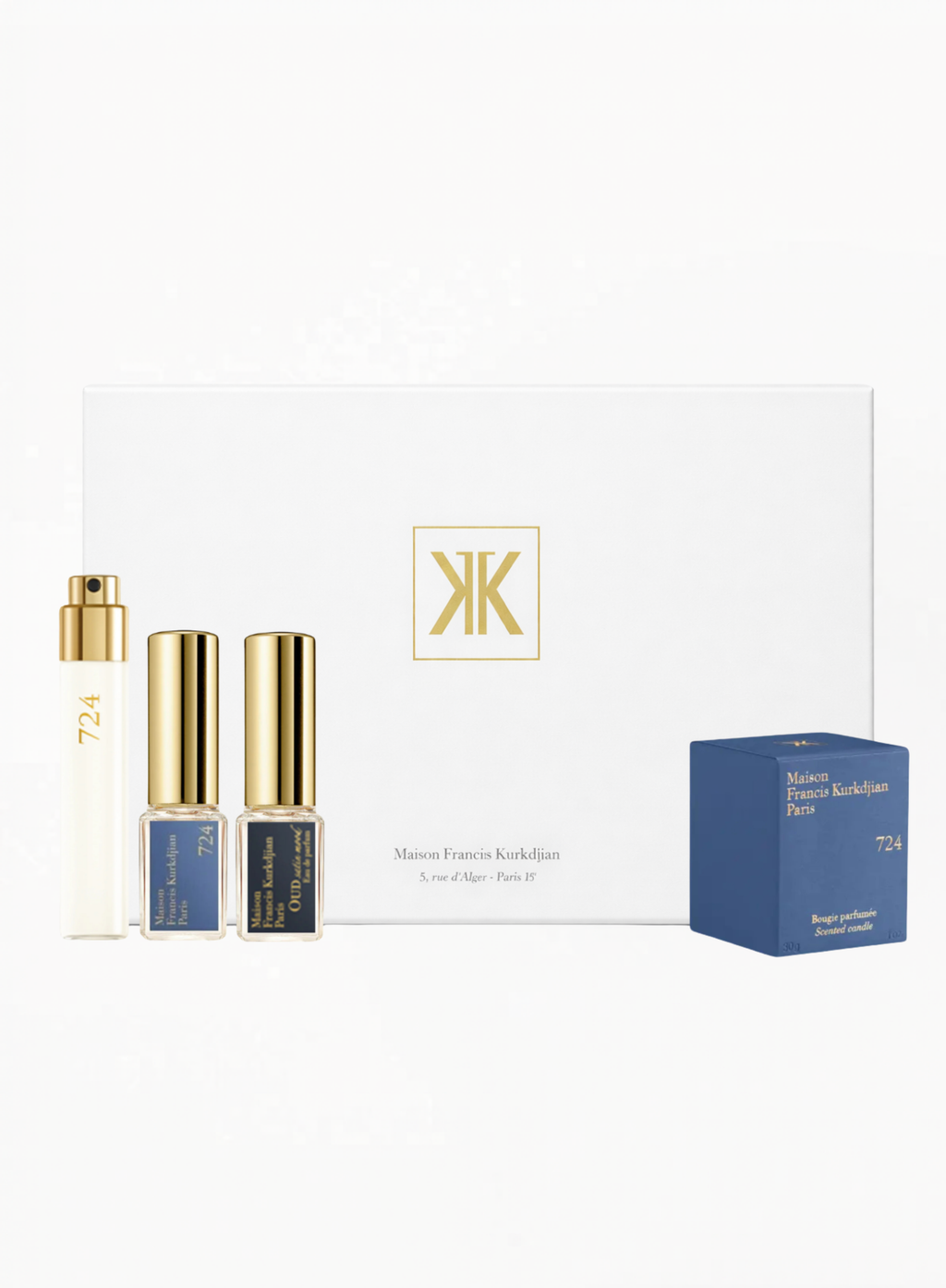 Authentic Maison Francis Kurkdjian Set featuring OUD Satin Mood 5ML, 724 5ML, 724 11ML, and 724 Scented Candle 30G — a luxury fragrance discovery and collectible gift set, available at Exquisite.