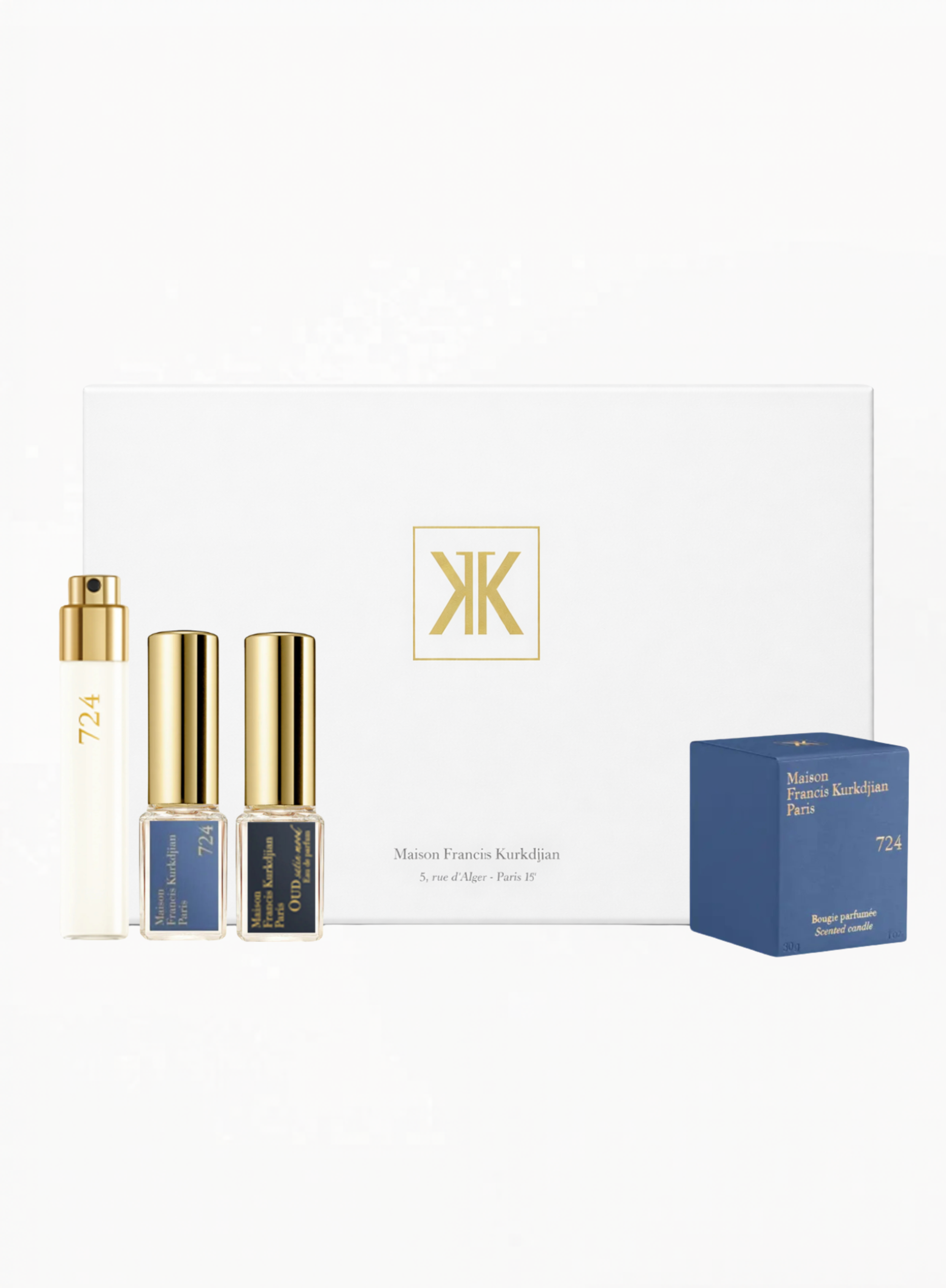 Authentic Maison Francis Kurkdjian Set featuring OUD Satin Mood 5ML, 724 5ML, 724 11ML, and 724 Scented Candle 30G — a luxury fragrance discovery and collectible gift set, available at Exquisite.