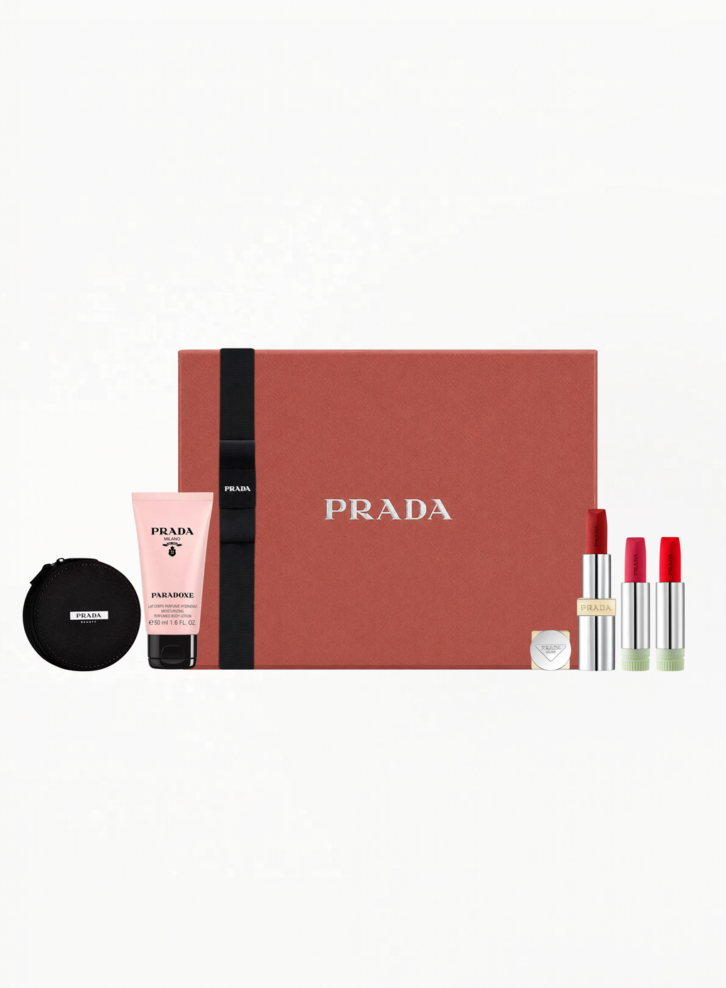 Authentic PRADA Limited Edition Lipstick Set R28 featuring Refill P157 and Refill 128 with collectible PRADA cosmetics bag, designed in a luxury beauty presentation, available at Exquisite.