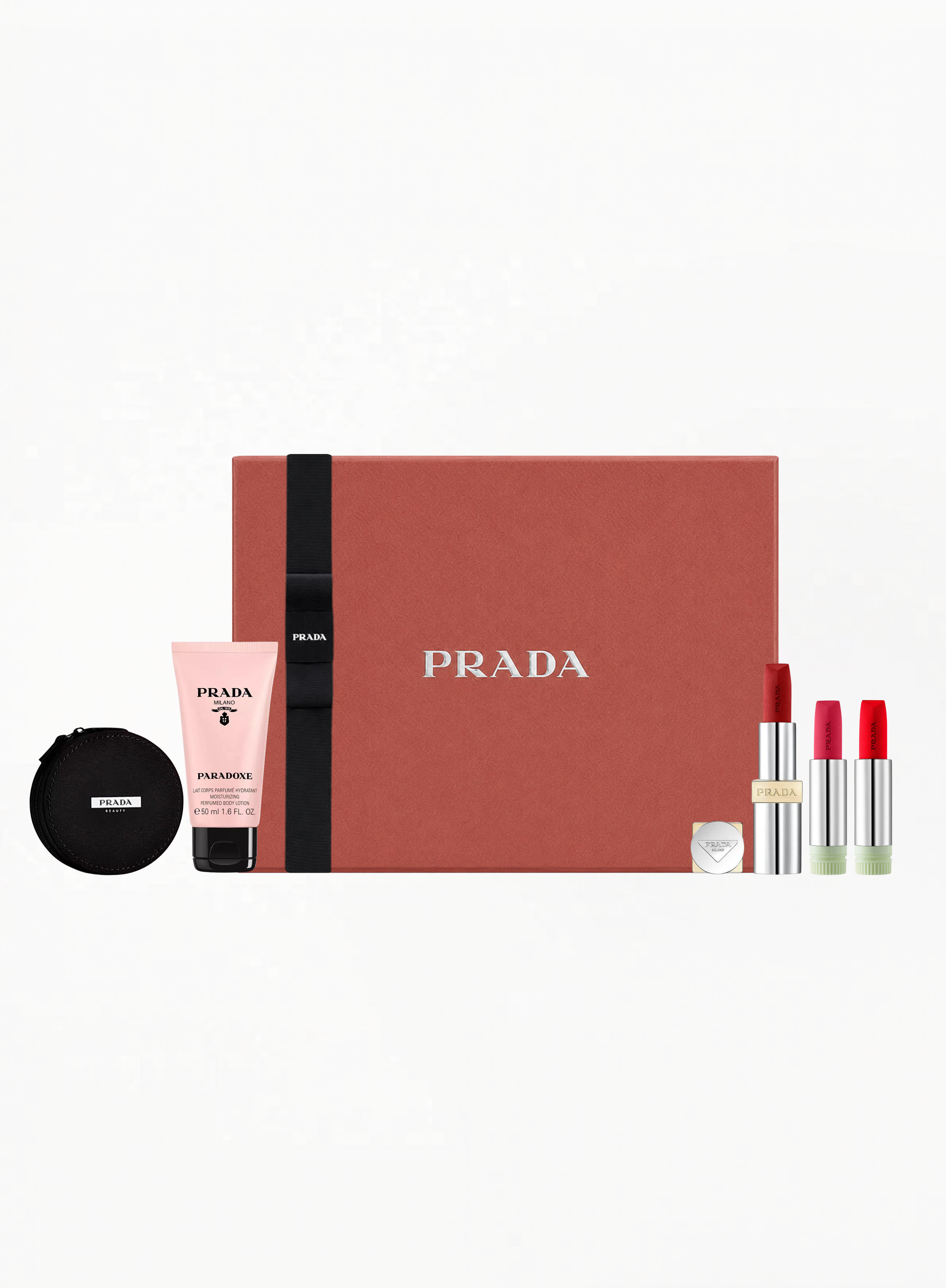 Authentic PRADA Limited Edition Lipstick Set R28 featuring Refill P157 and Refill 128 with collectible PRADA cosmetics bag, designed in a luxury beauty presentation, available at Exquisite.
