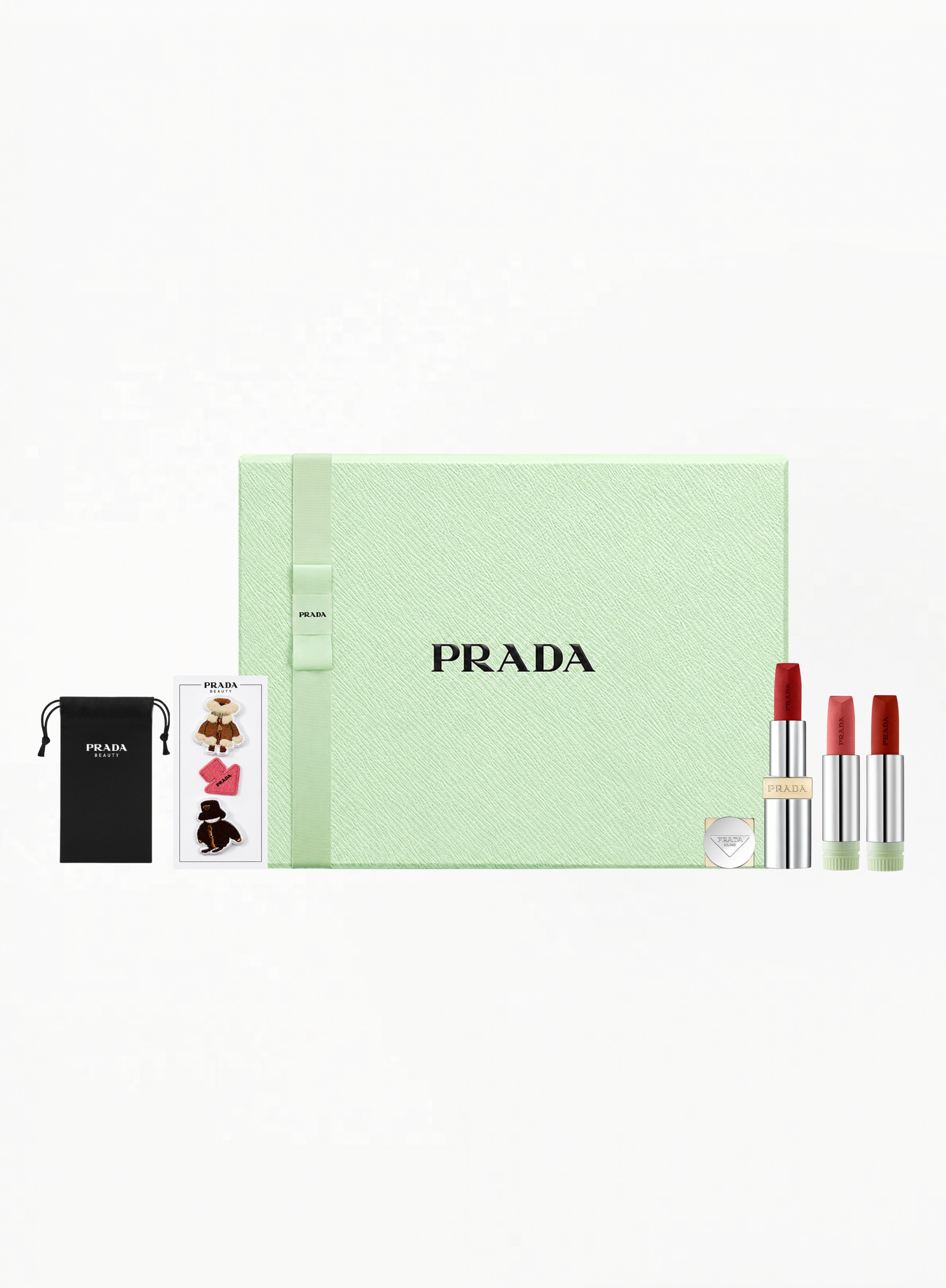 Authentic PRADA curated lipstick set featuring full-size Prada Lipstick R28 Fuoco, Monochrome Soft Matte Lipstick Refills O177 and B103, paired with a signature PRADA lipstick case designed for elegant storage and protection, available at Exquisite.