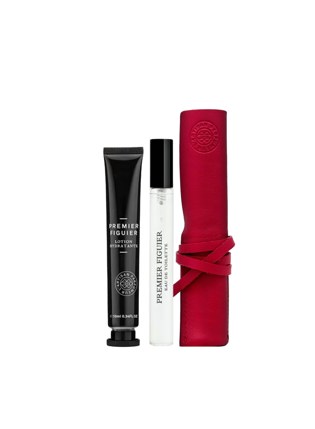 L’Artisan Parfumeur Premier Figuier Eau de Toilette 10ml with Lotion 10ml and Red Leather Pouch – Luxury fragrance gift set.
