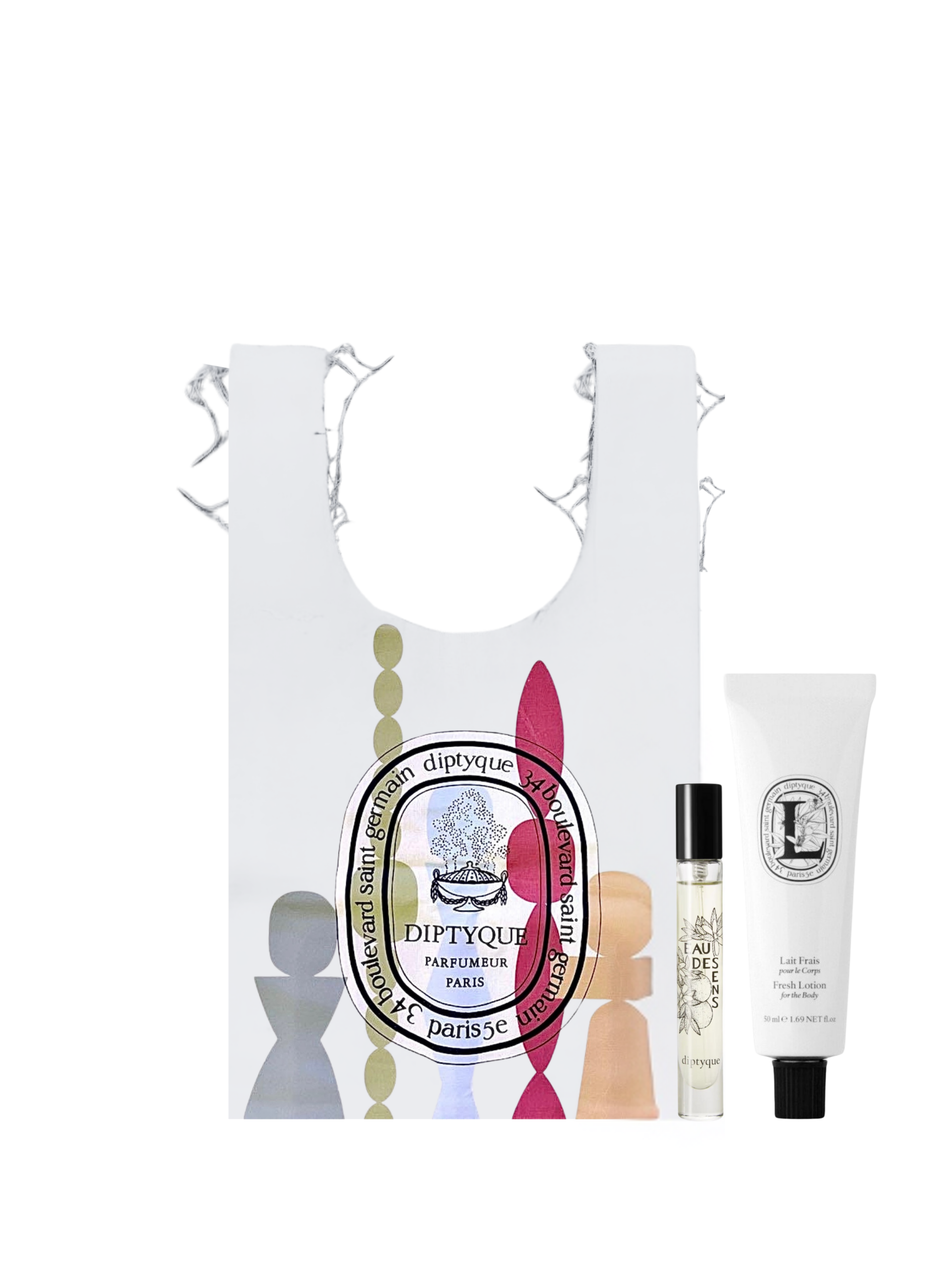 Diptyque travel gift set with white art tote bag, Eau des Sens perfume mini and Fresh Body Lotion