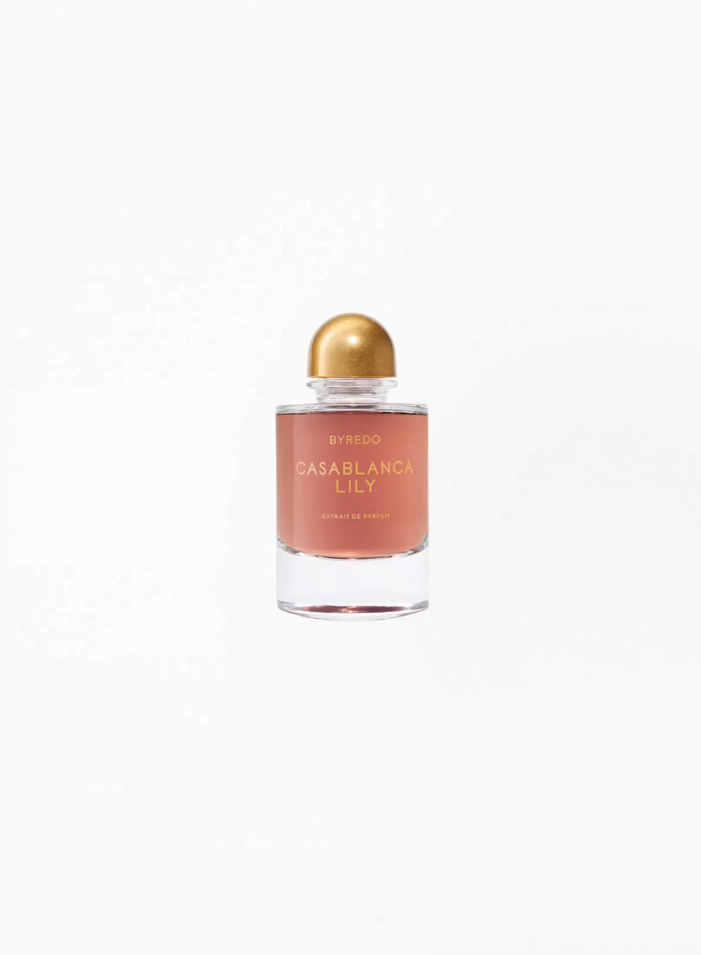 BYREDO Casablanca Lily Extrait de Parfum bottle with gold cap on a clean white background, authentic luxury fragrance available at Exquisite.