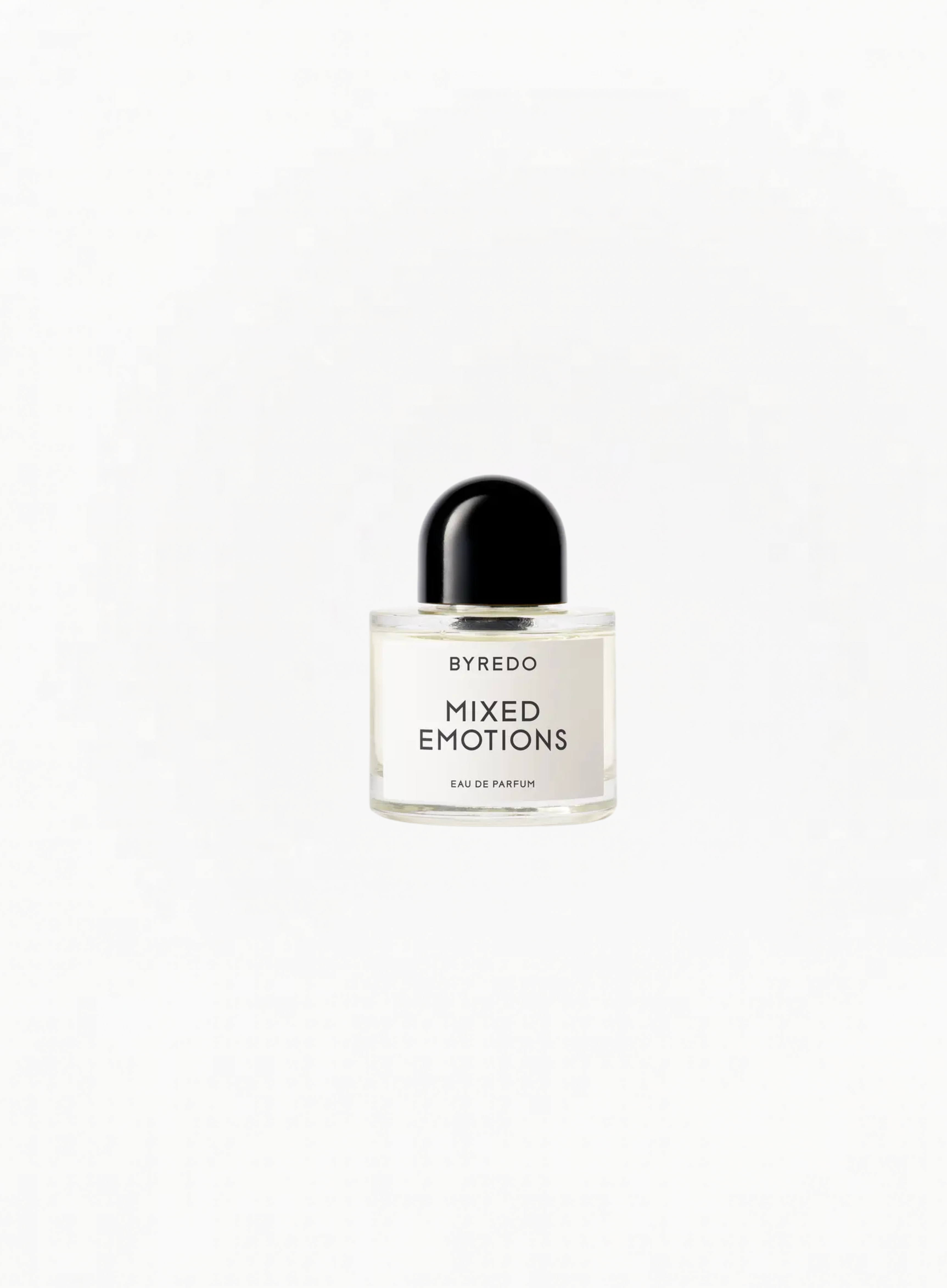 BYREDO Mixed Emotions Eau de Parfum 100ml bottle with the signature minimalist design, featuring a black cap and white label on a clean white background. Available at Exquisite.