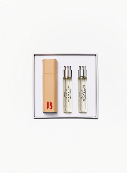 BYREDO Rose of No Man’s Land Eau de Parfum Travel Gift Set featuring a leather travel case and two 12ml fragrance refills displayed inside the original gift box on a white background at Exquisite.