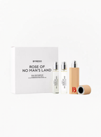 BYREDO Rose of No Man’s Land Eau de Parfum Travel Gift Set including the original gift box, leather travel case and two 12ml fragrance refills on a white background at Exquisite.