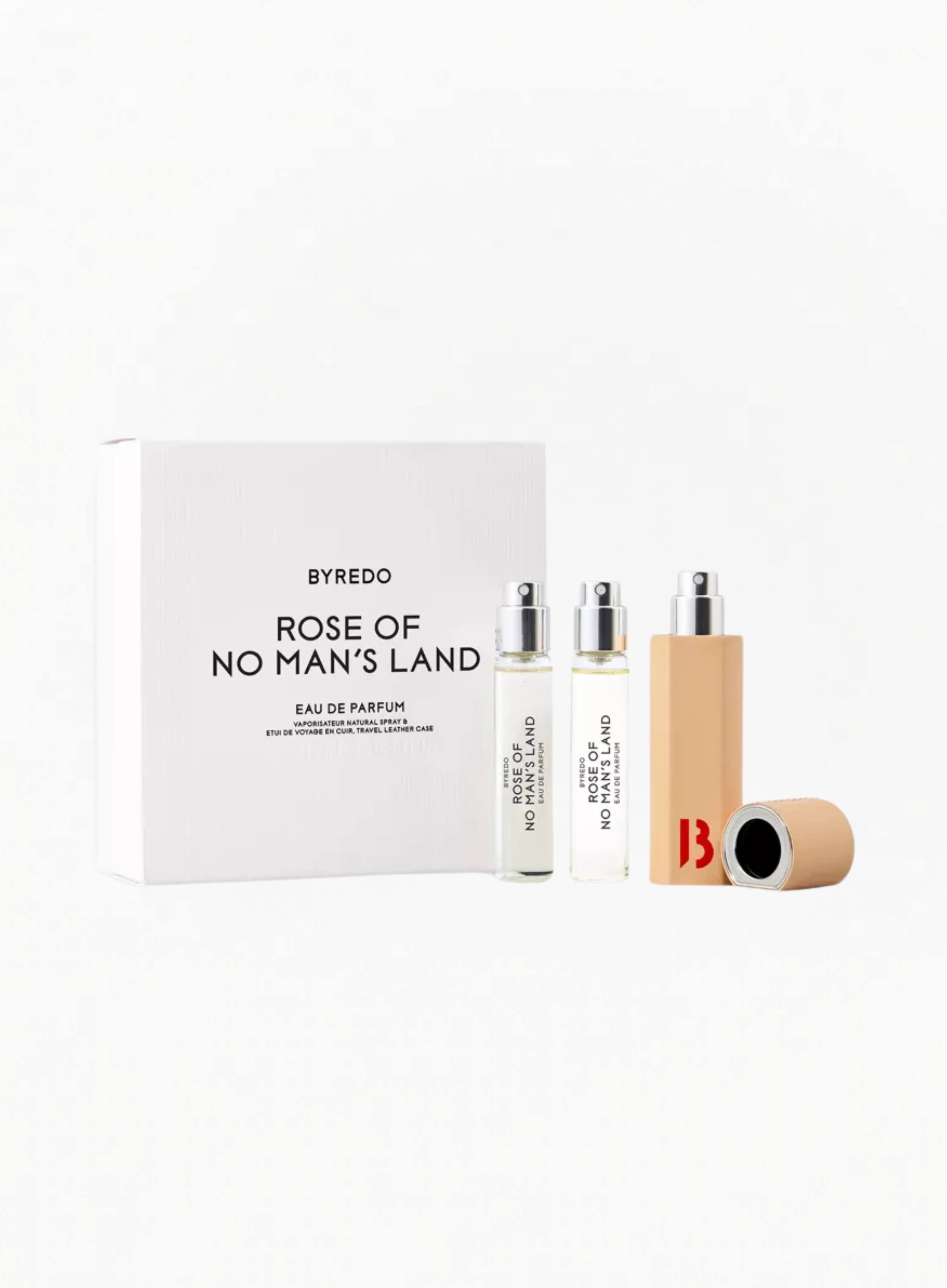 BYREDO Rose of No Man’s Land Eau de Parfum Travel Gift Set including the original gift box, leather travel case and two 12ml fragrance refills on a white background at Exquisite.