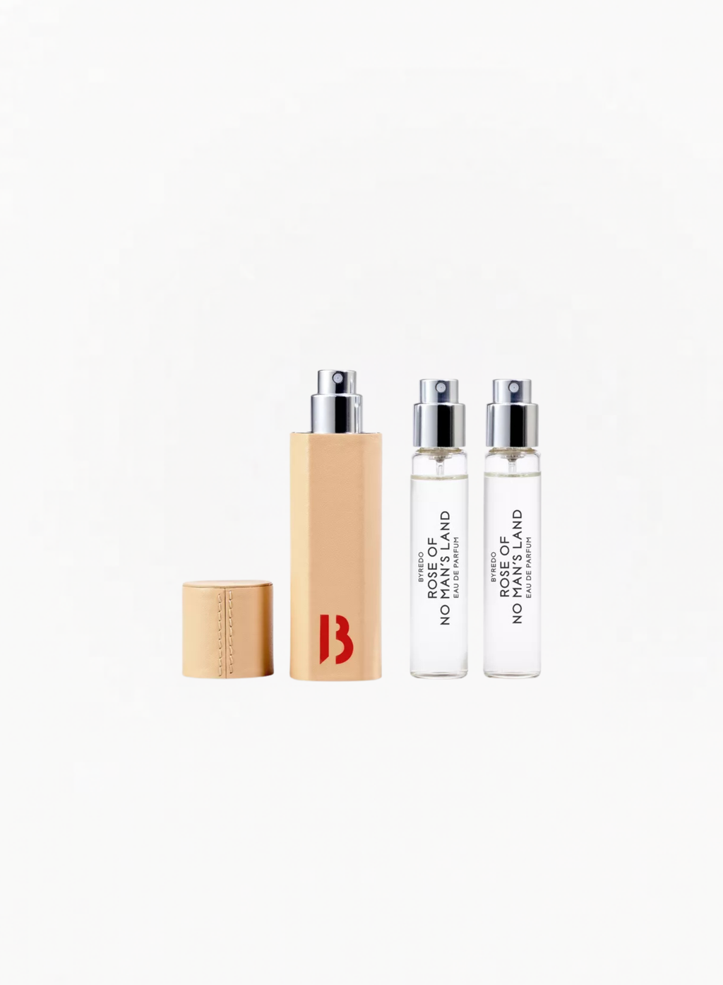 BYREDO Rose of No Man’s Land Eau de Parfum Travel Gift Set with a leather travel case and two 12ml Eau de Parfum refills arranged on a white background at Exquisite.