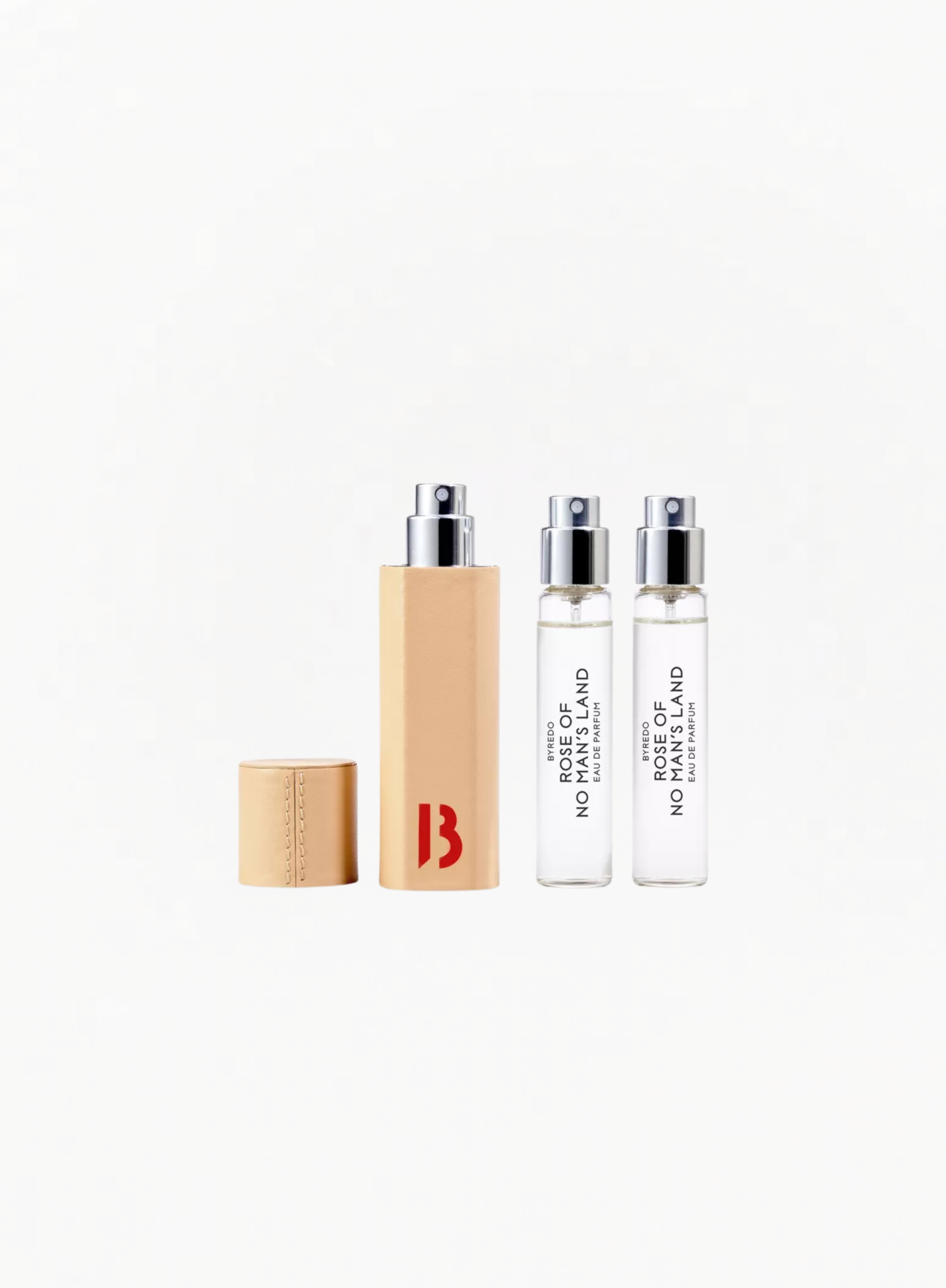 BYREDO Rose of No Man’s Land Eau de Parfum Travel Gift Set with a leather travel case and two 12ml Eau de Parfum refills arranged on a white background at Exquisite.