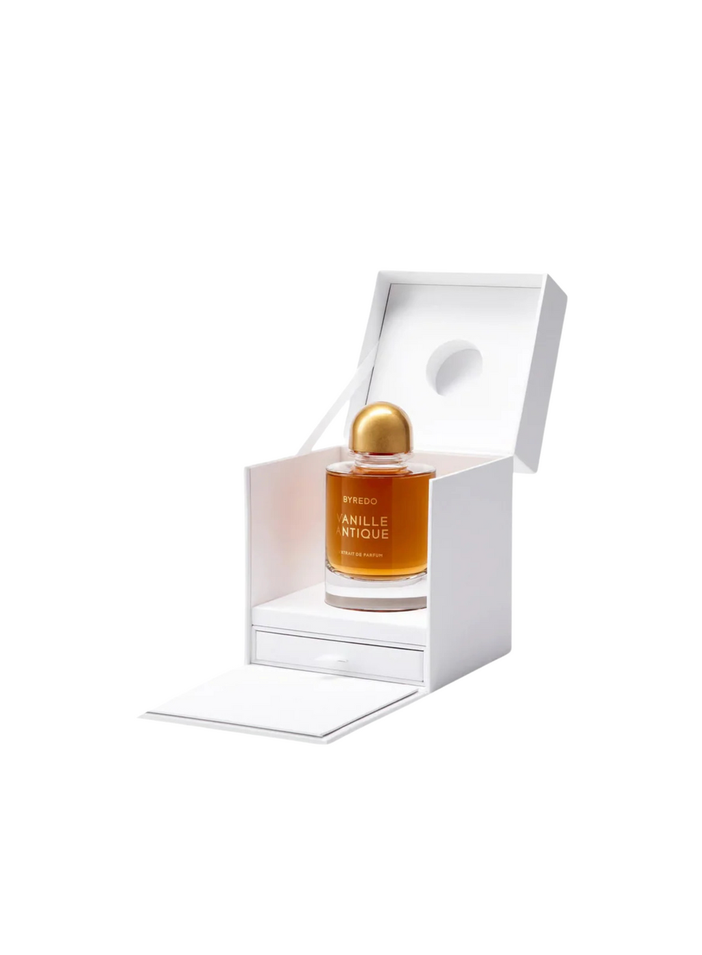 BYREDO Vanille Antique Extrait de Parfum 70ML bottle in luxury white box packaging, niche perfume product photo on white background.