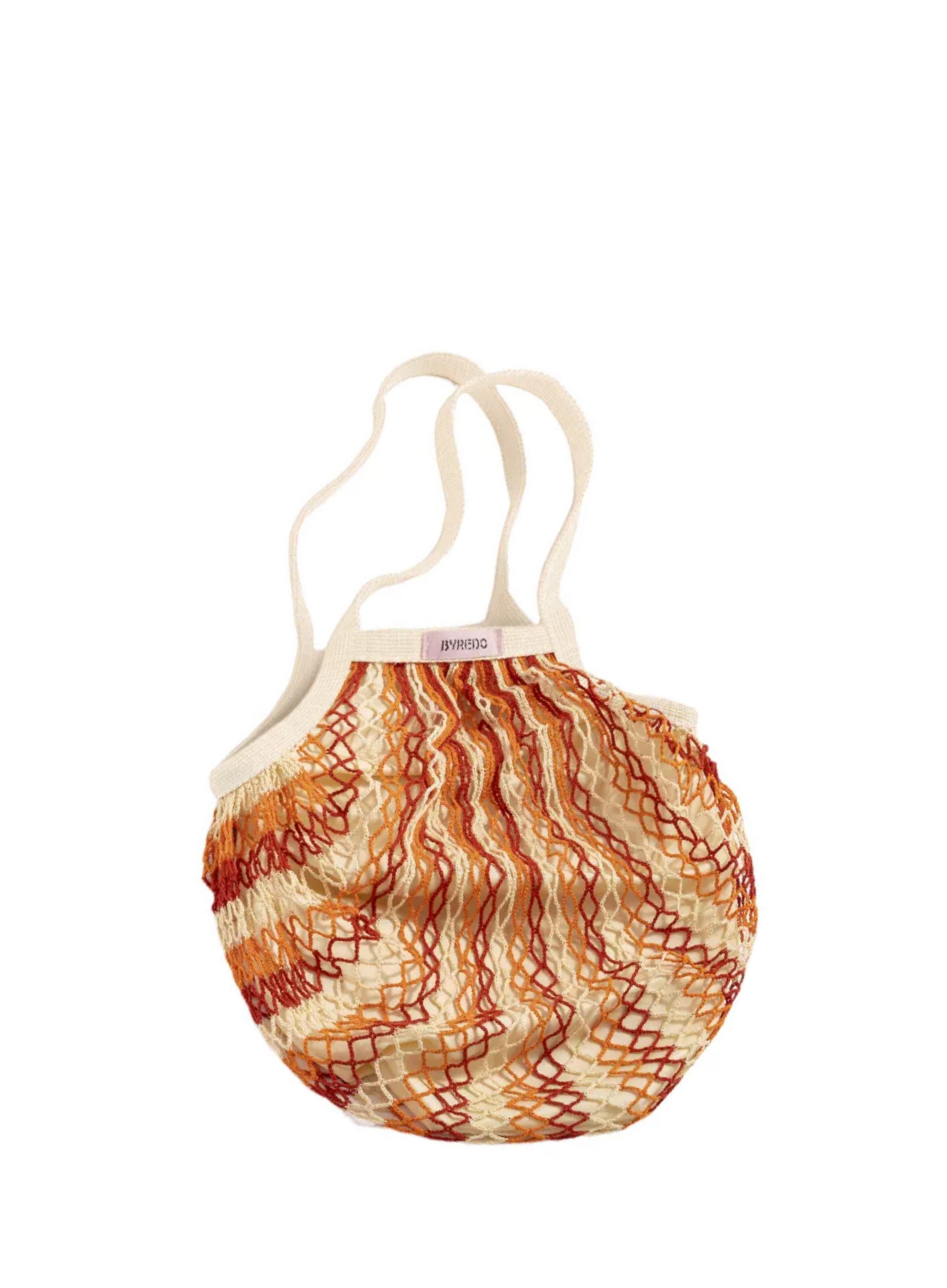 Byredo 2025 limited edition tote bag in cream with orange and red woven net design, luxury fashion accessory
