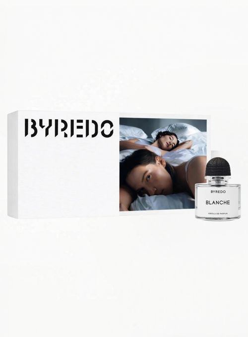 Byredo Blanche Absolu de Parfum 100ml bottle with white floral accents, authentic limited edition perfume at Exquisite.
