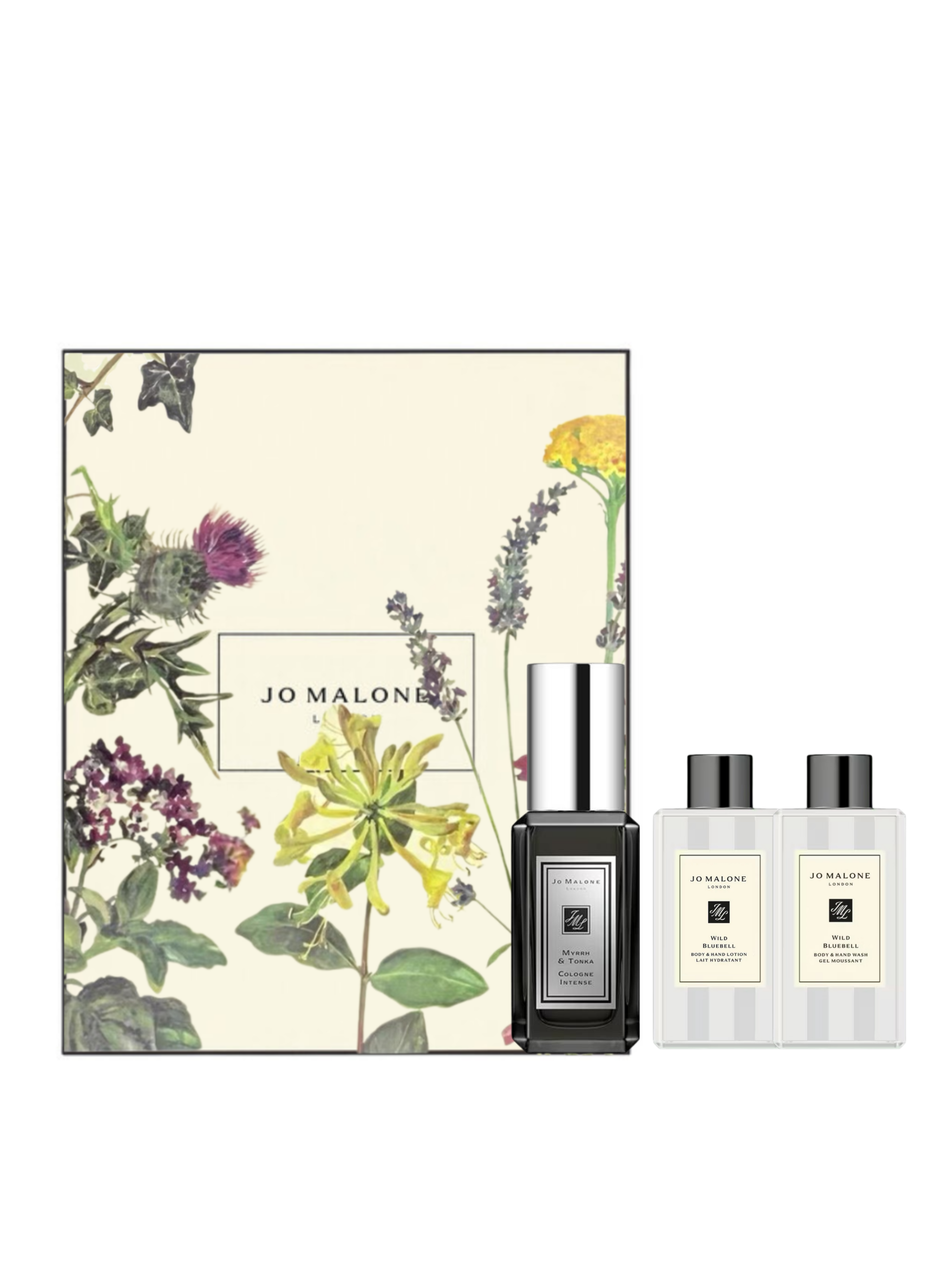 Jo Malone Myrrh & Tonka 9ml / Wild Bluebell BODY & HAND LOTION 75ML / Wild Bluebell BODY & HAND WASH 75ML .