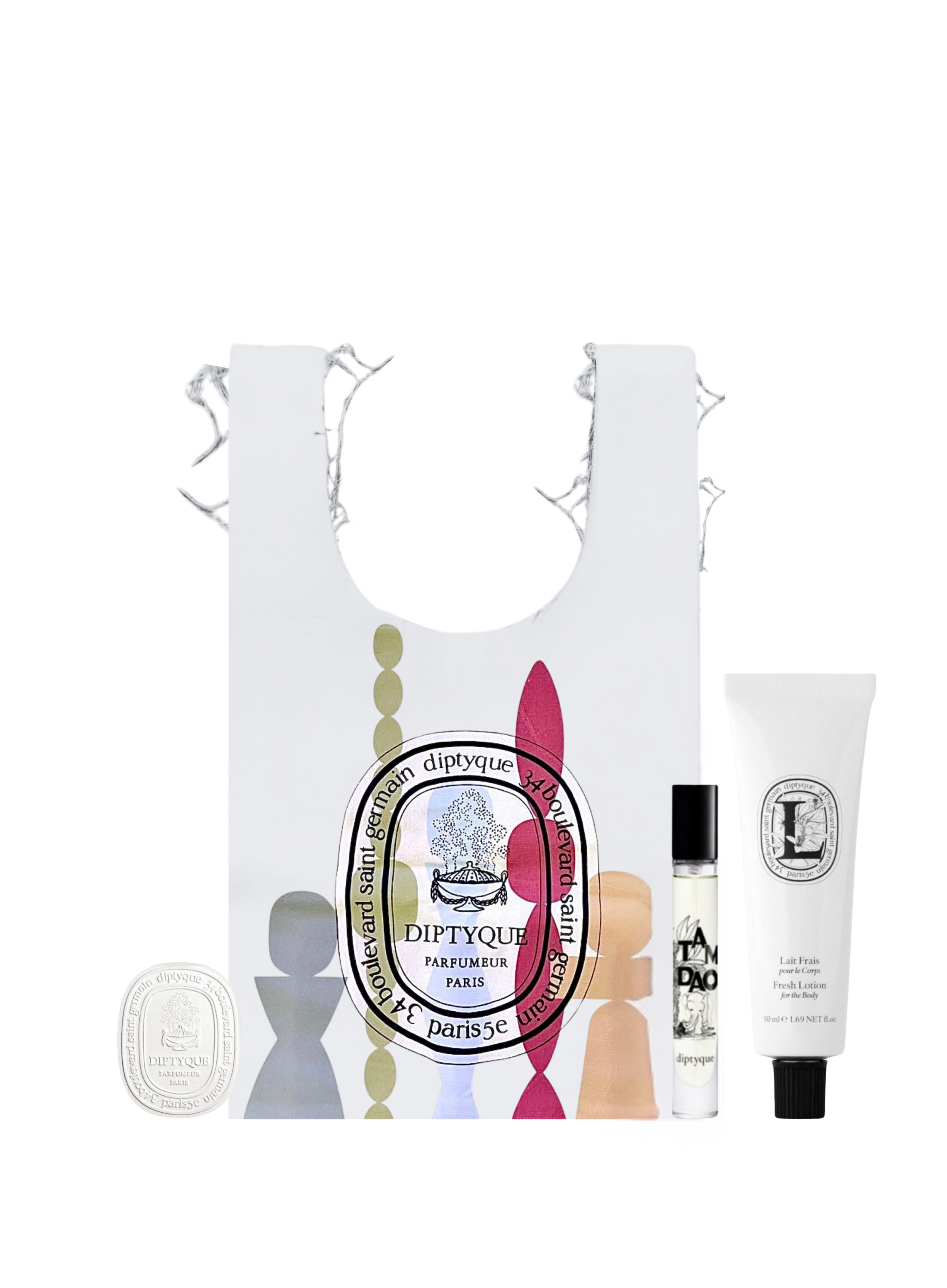 Diptyque travel gift set with white art tote bag, Tam Dao perfume mini, Fresh Body Lotion and perfumed soap disk