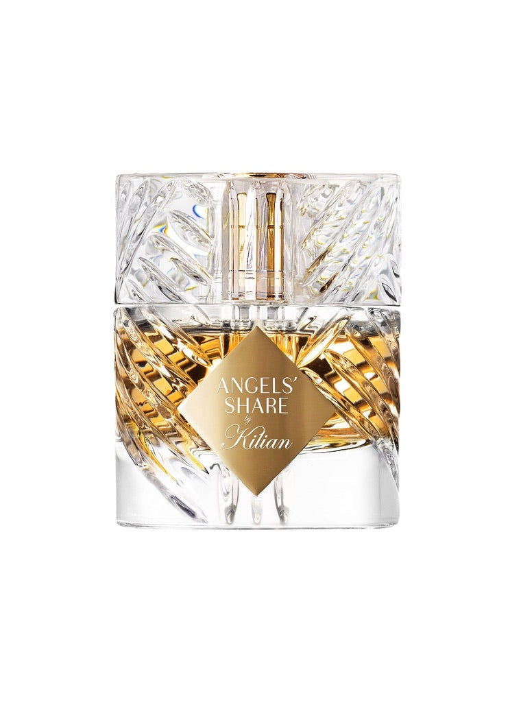 Kilian Angels’ Share Eau de Parfum bottle with amber liquid and gold label on a white background