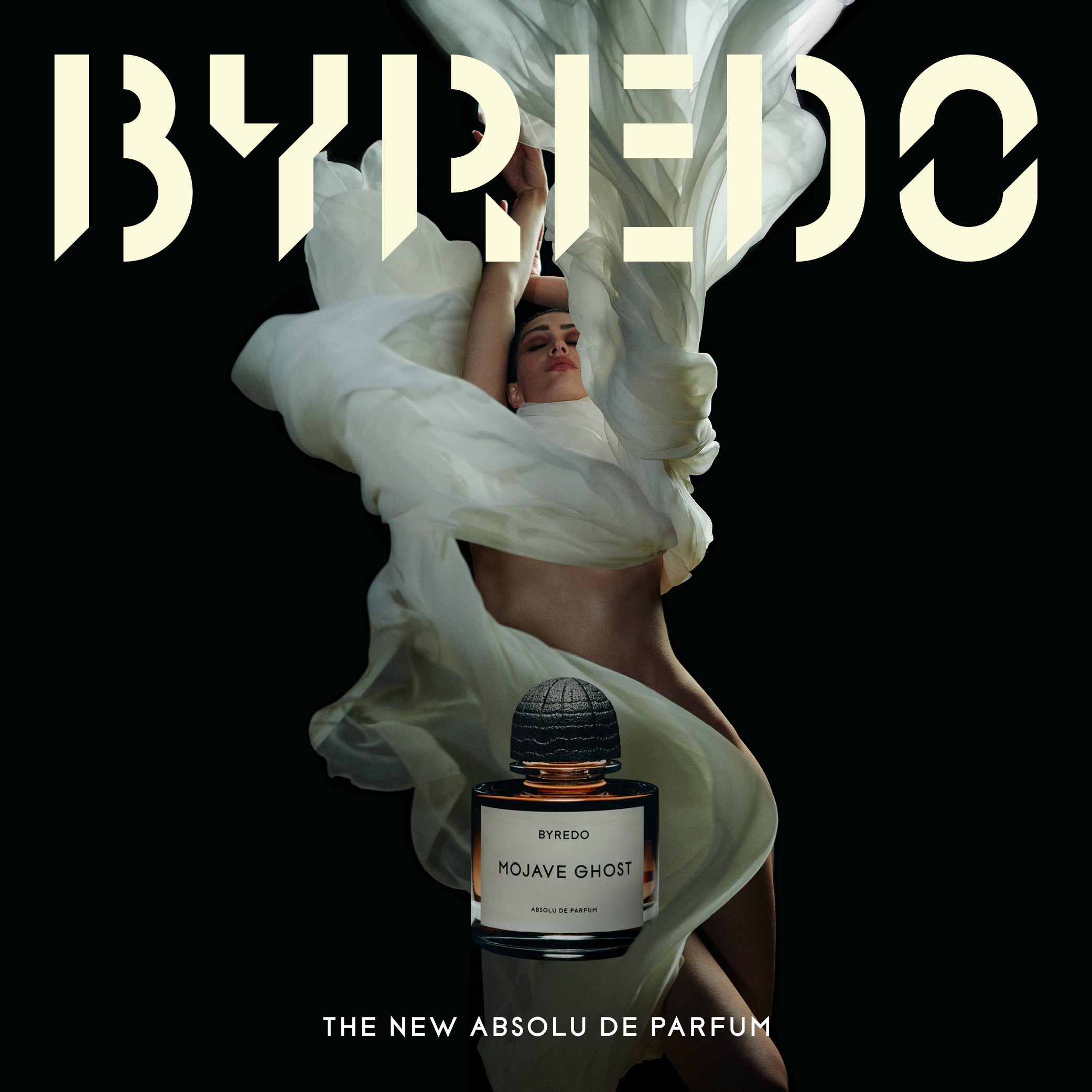 Byredo perfume bottle with a woman draped in white fabric on a black background