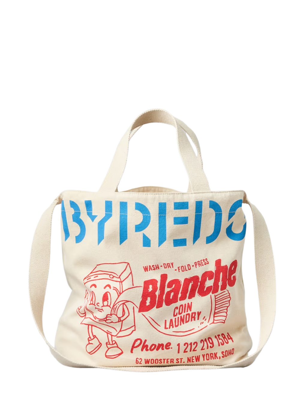 Tote bag with Byredo branding and cartoon character on a white background