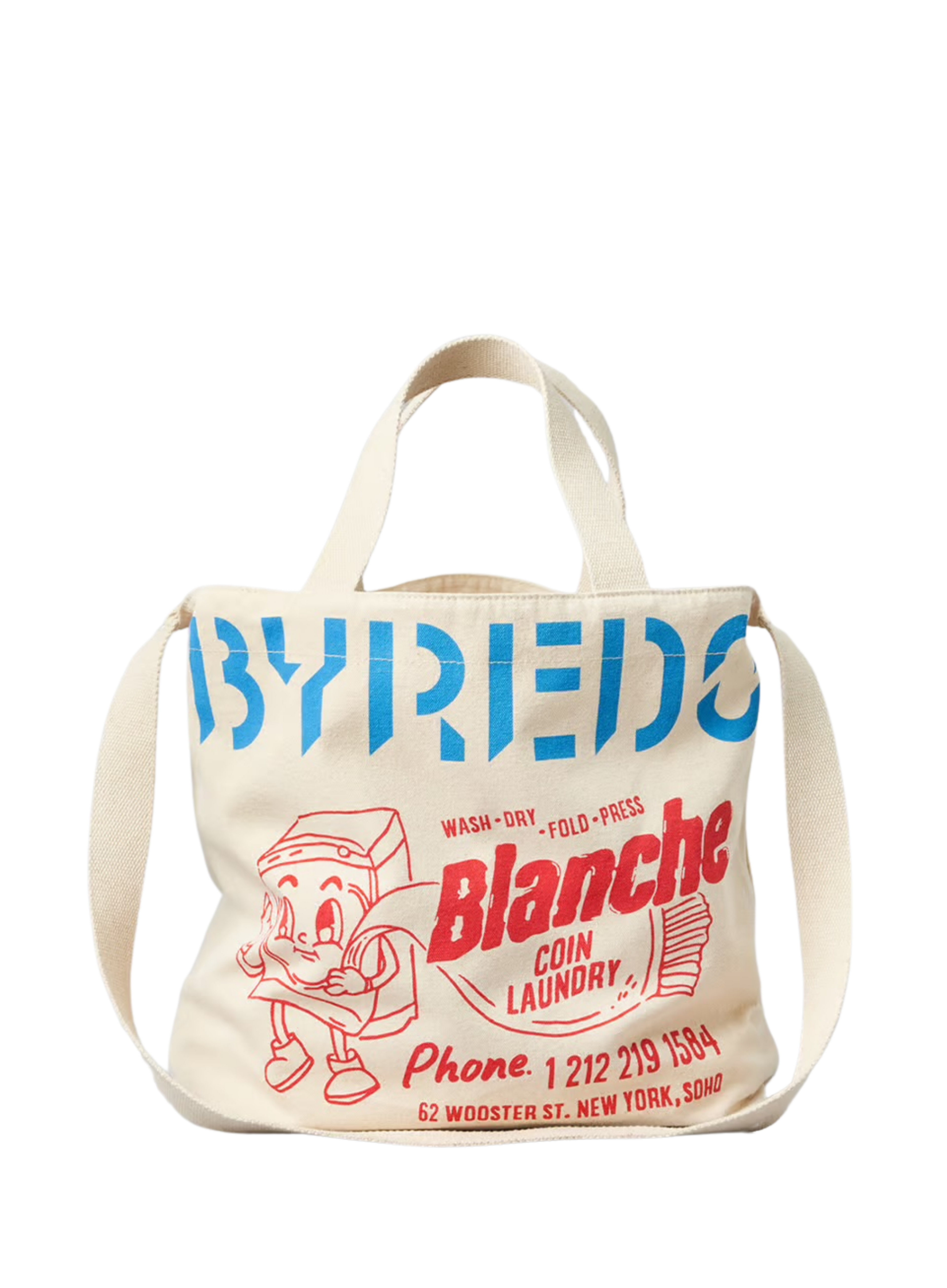 Tote bag with Byredo branding and cartoon character on a white background