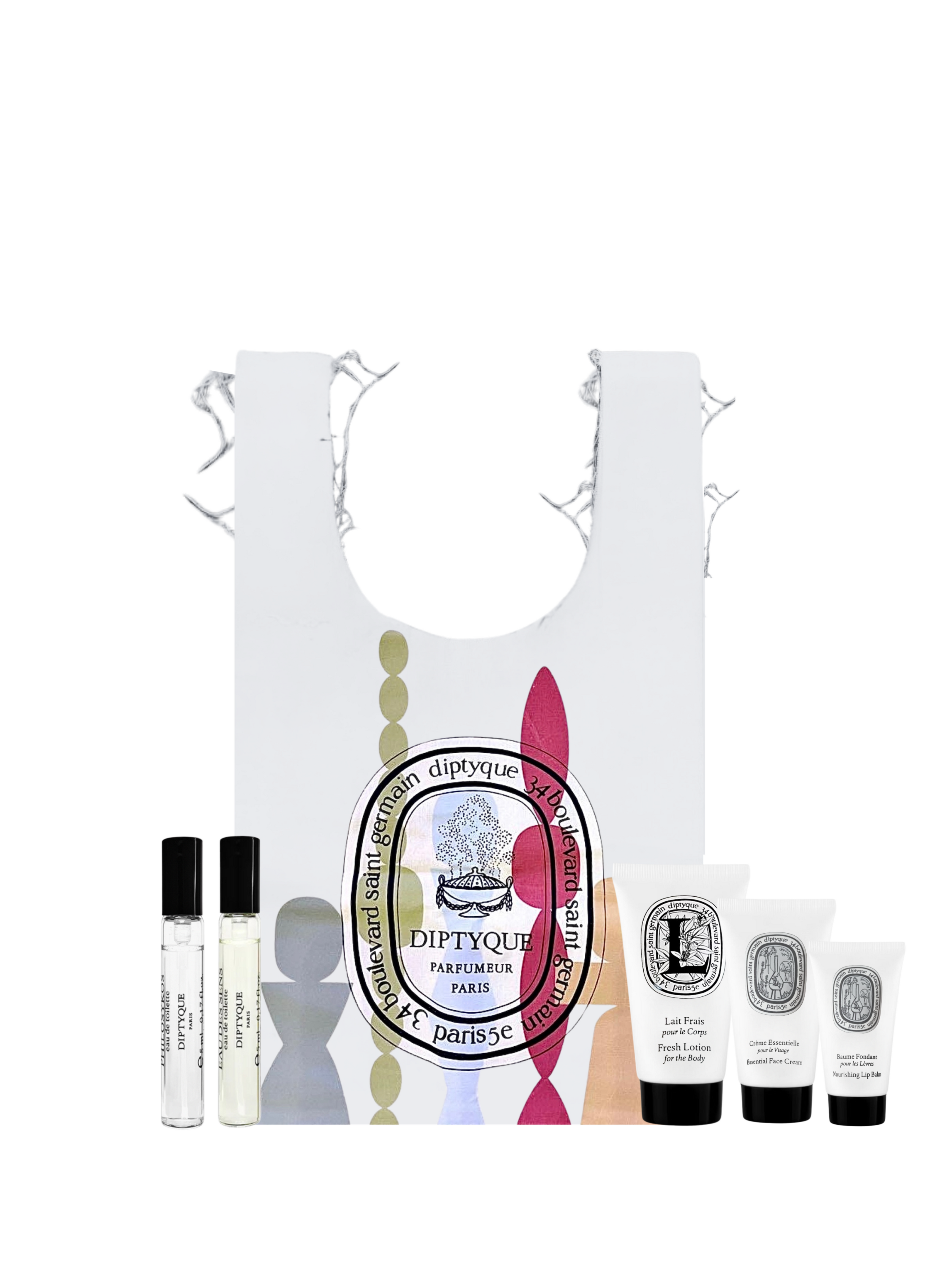 Diptyque white art tote travel gift set with two perfume minis and body care essentials