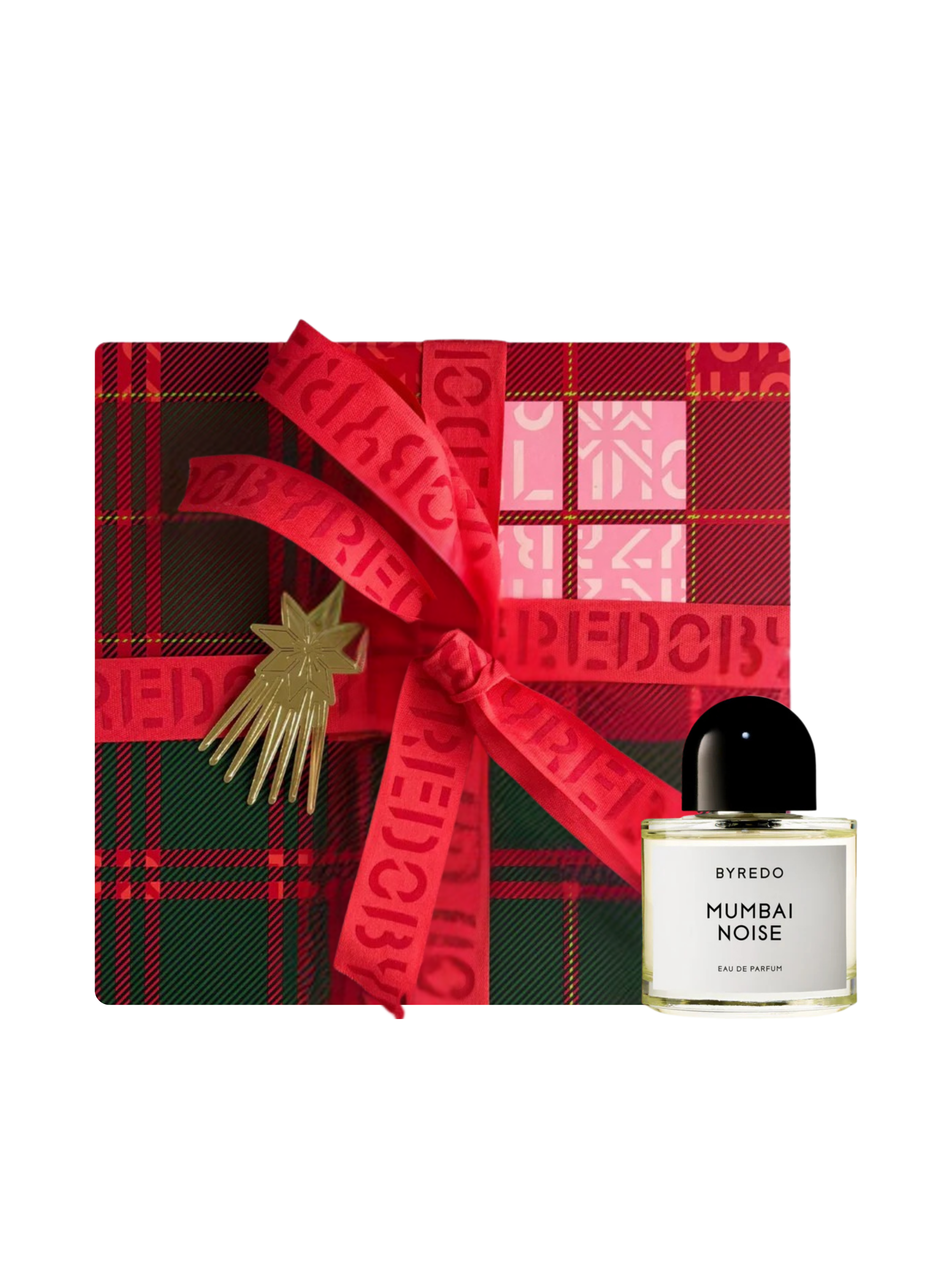 Byredo Mumbai Noise perfume bottle with a red plaid gift box on a white background
